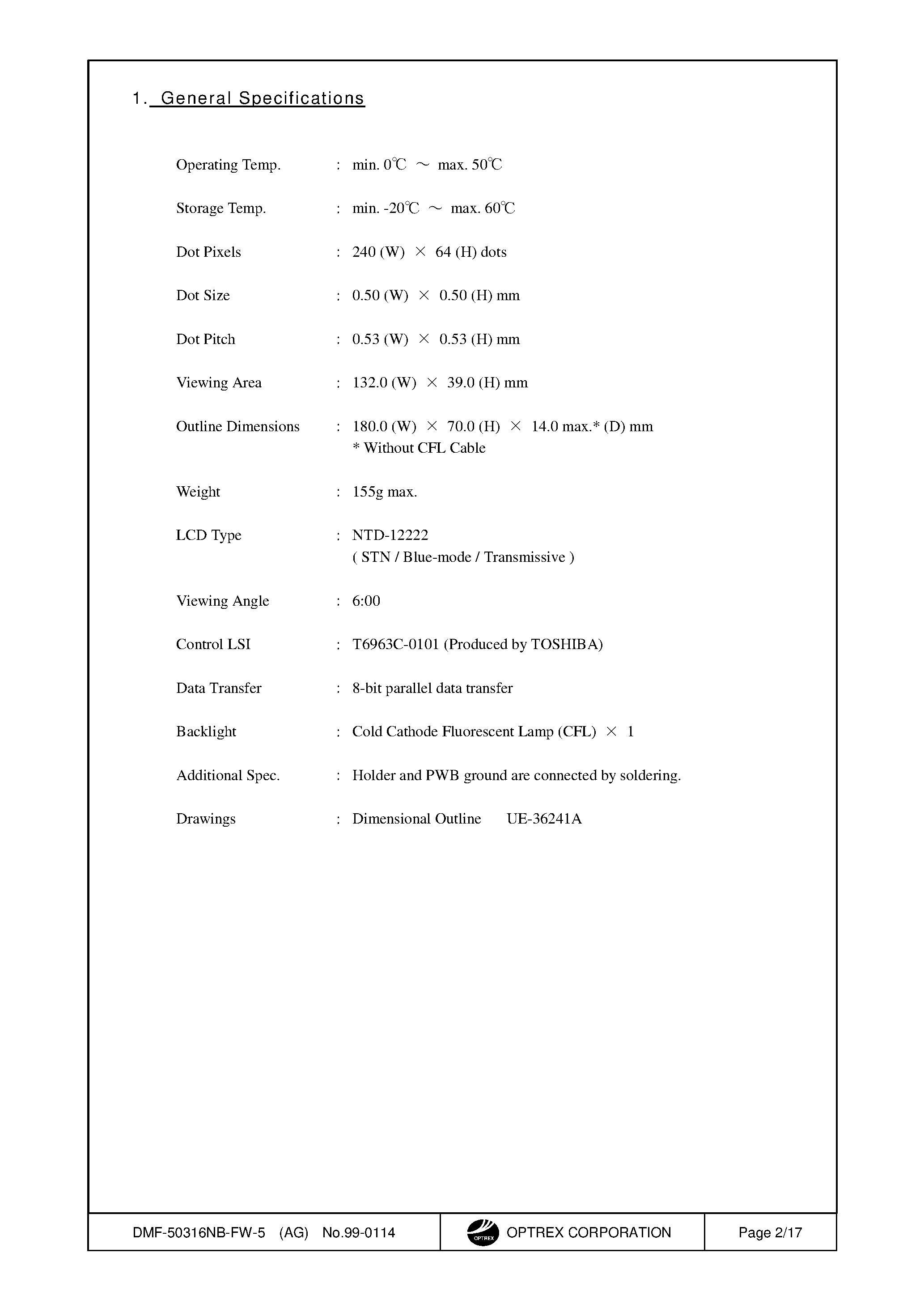 Datasheet DMF-50316NB-FW-5 - LCD_Module page 2