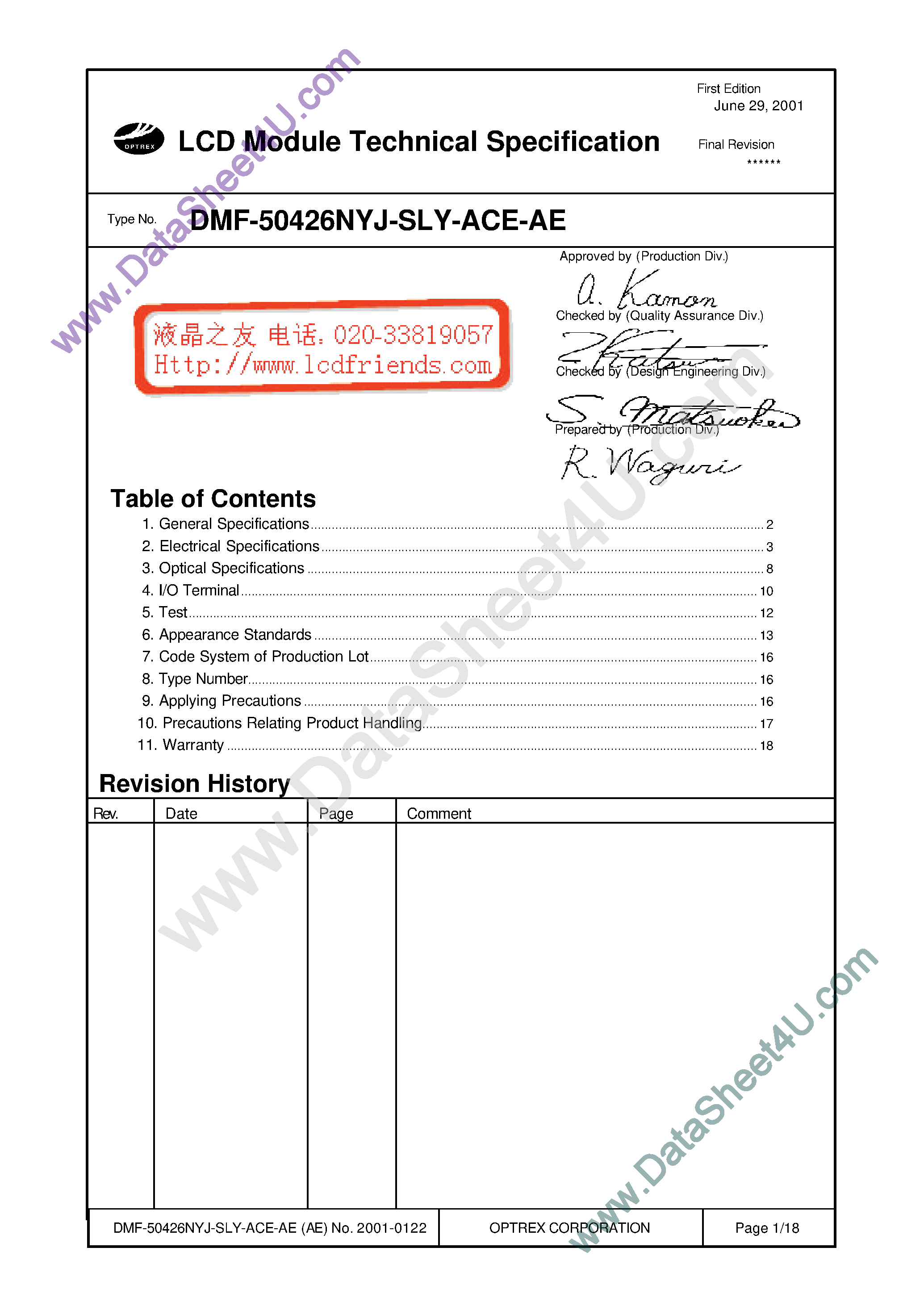 Datasheet DMF-50426NYJ-SL-ACE-AE page 1 Datasheet DMF-50426NYJ-SL-ACE-AE - LCD_Module page 1