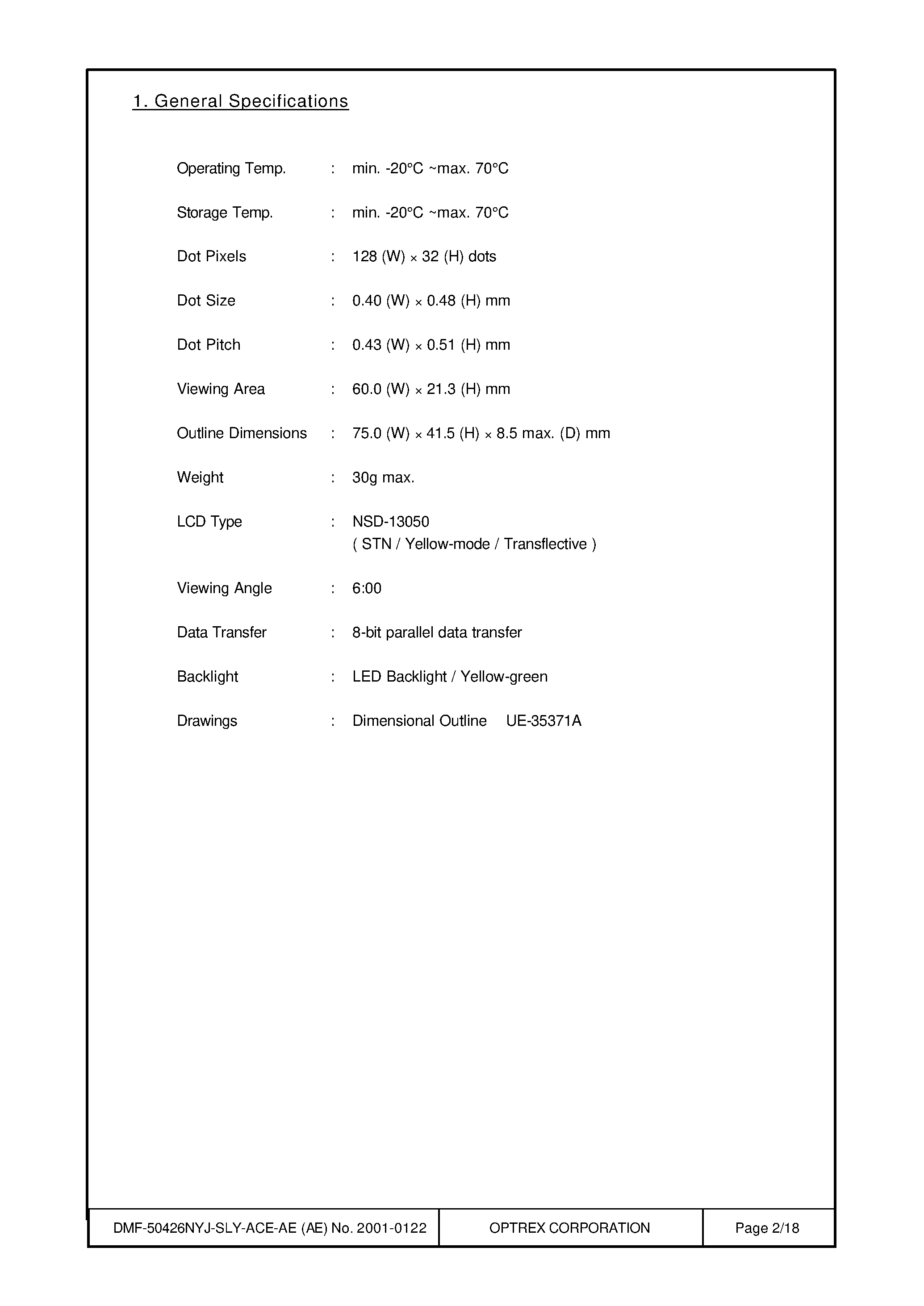 Datasheet DMF-50426NYJ-SL-ACE-AE page 2 Datasheet DMF-50426NYJ-SL-ACE-AE - LCD_Module page 2