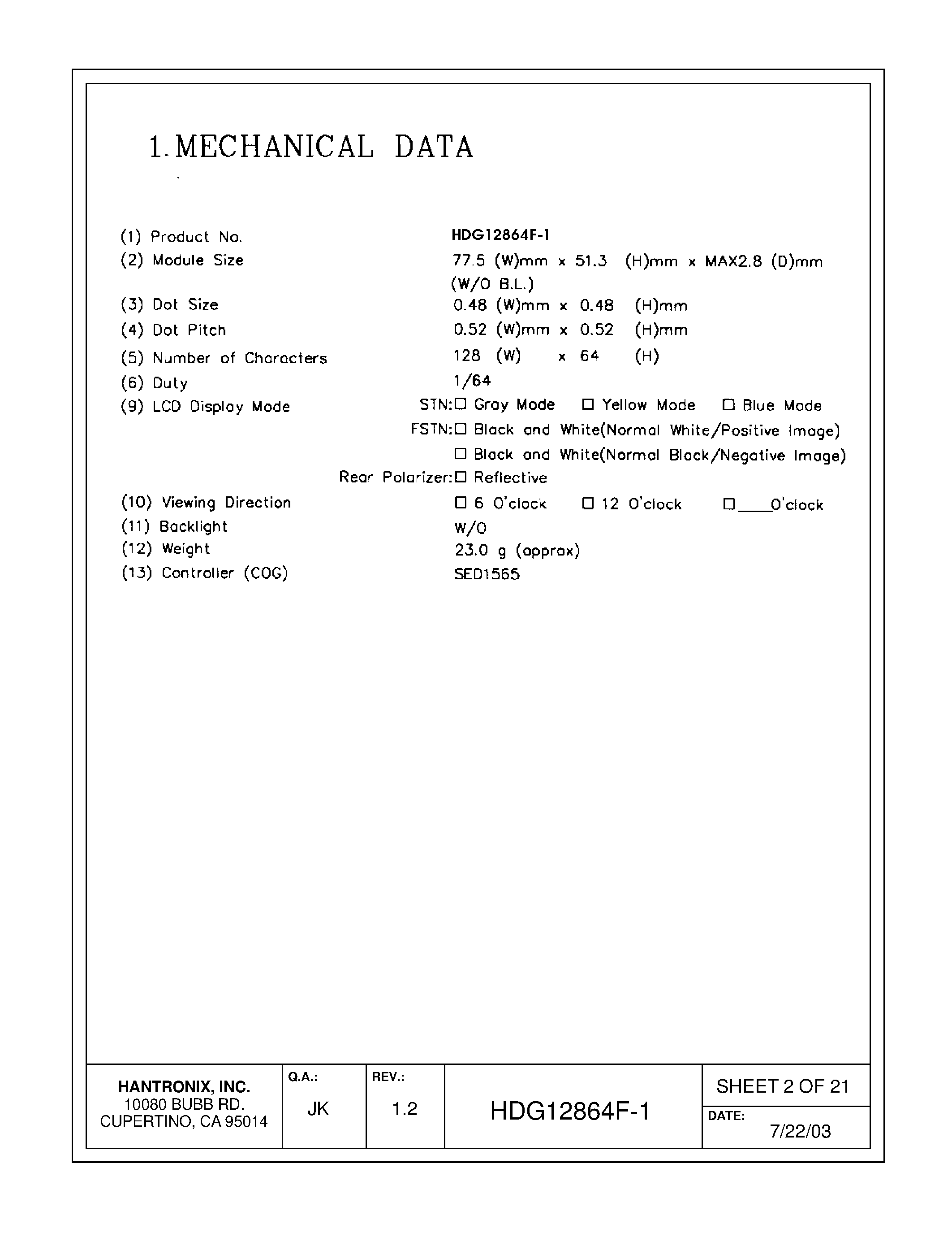 Даташит HDMs12864f-1 - LCD DISPLAY MODULE страница 2