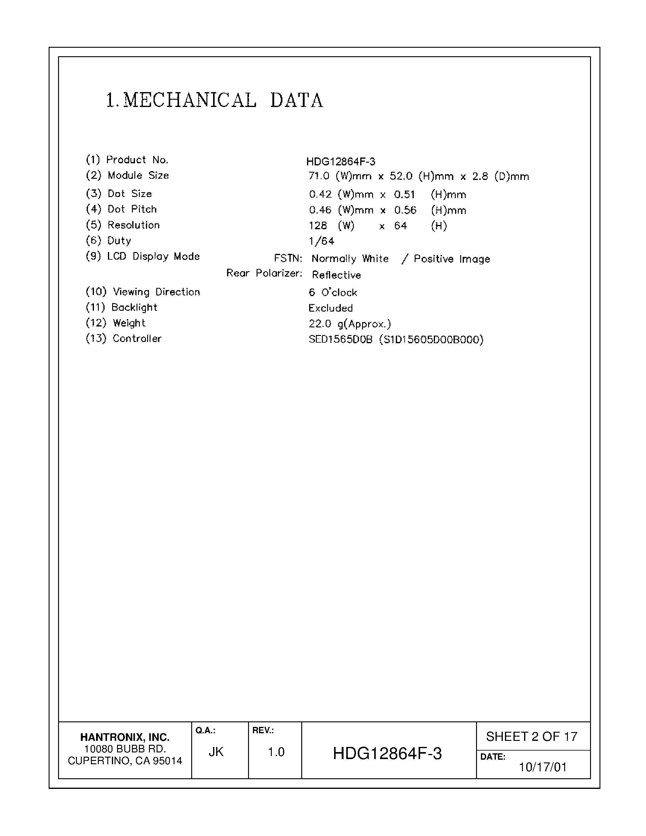 Datasheet HDMs12864f-3 - LCD DISPLAY MODULE page 2