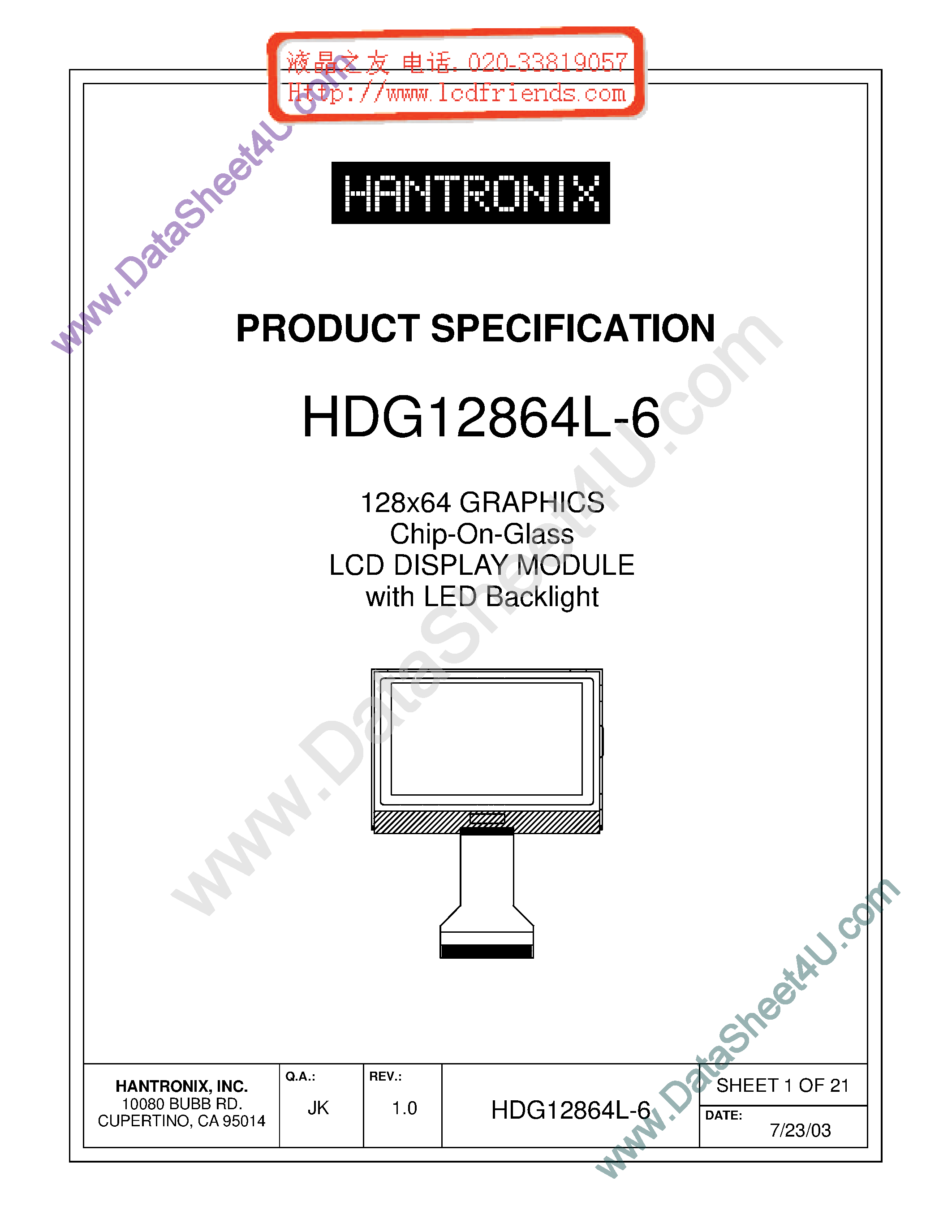 Даташит HDMs12864l-6 - LCD DISPLAY MODULE страница 1