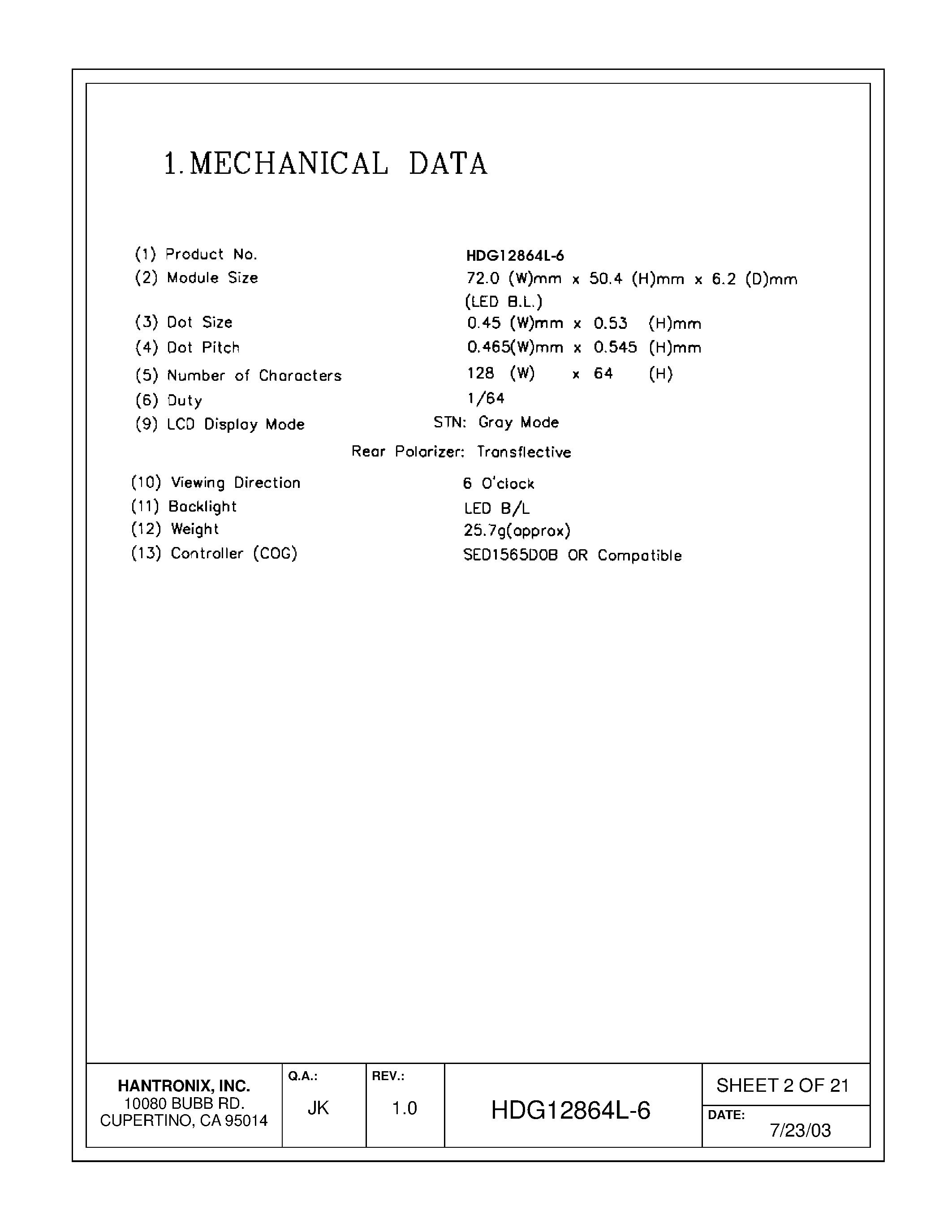 Даташит HDMs12864l-6 - LCD DISPLAY MODULE страница 2