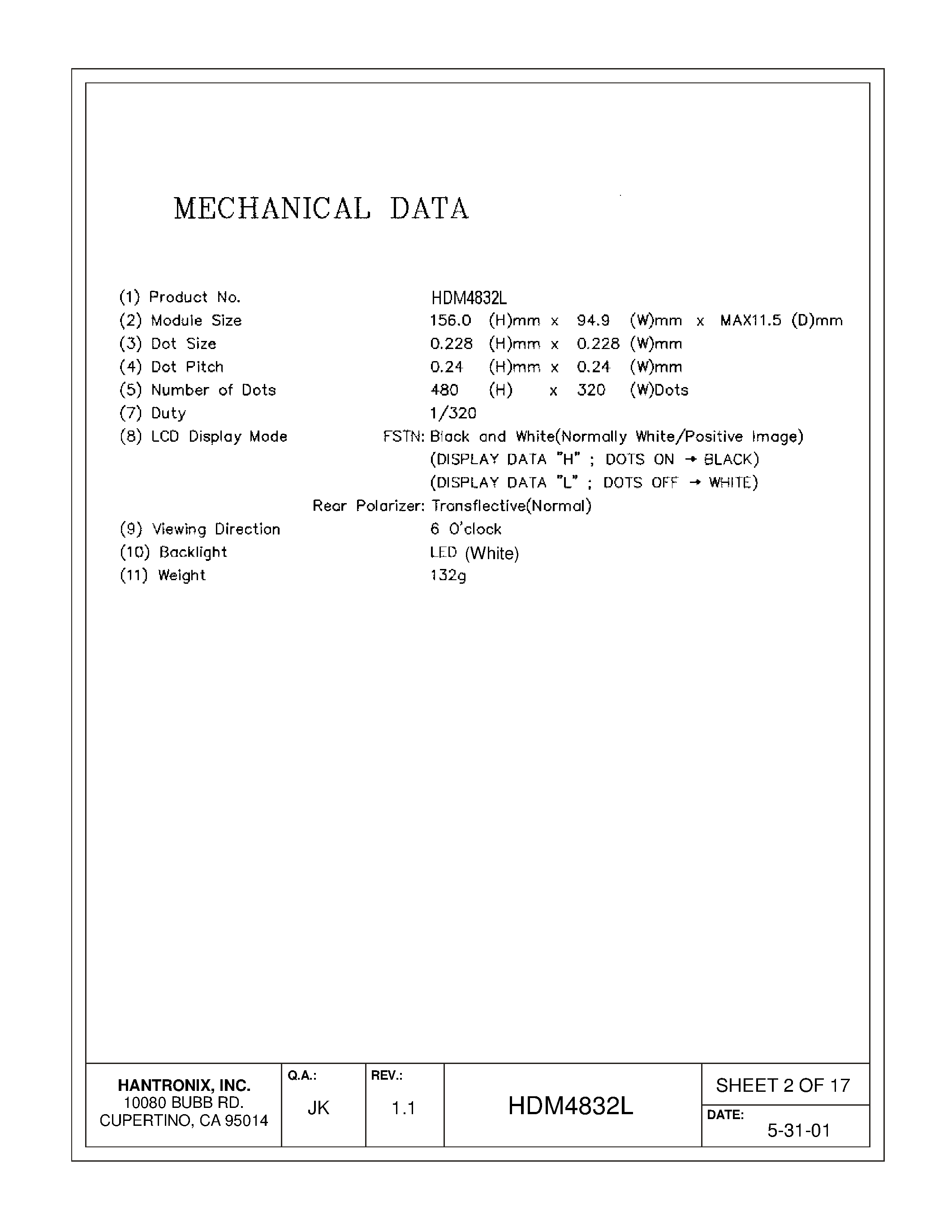 Datasheet HDMs4832-l page 2 Datasheet HDMs4832-l - LCD DISPLAY MODULE page 2