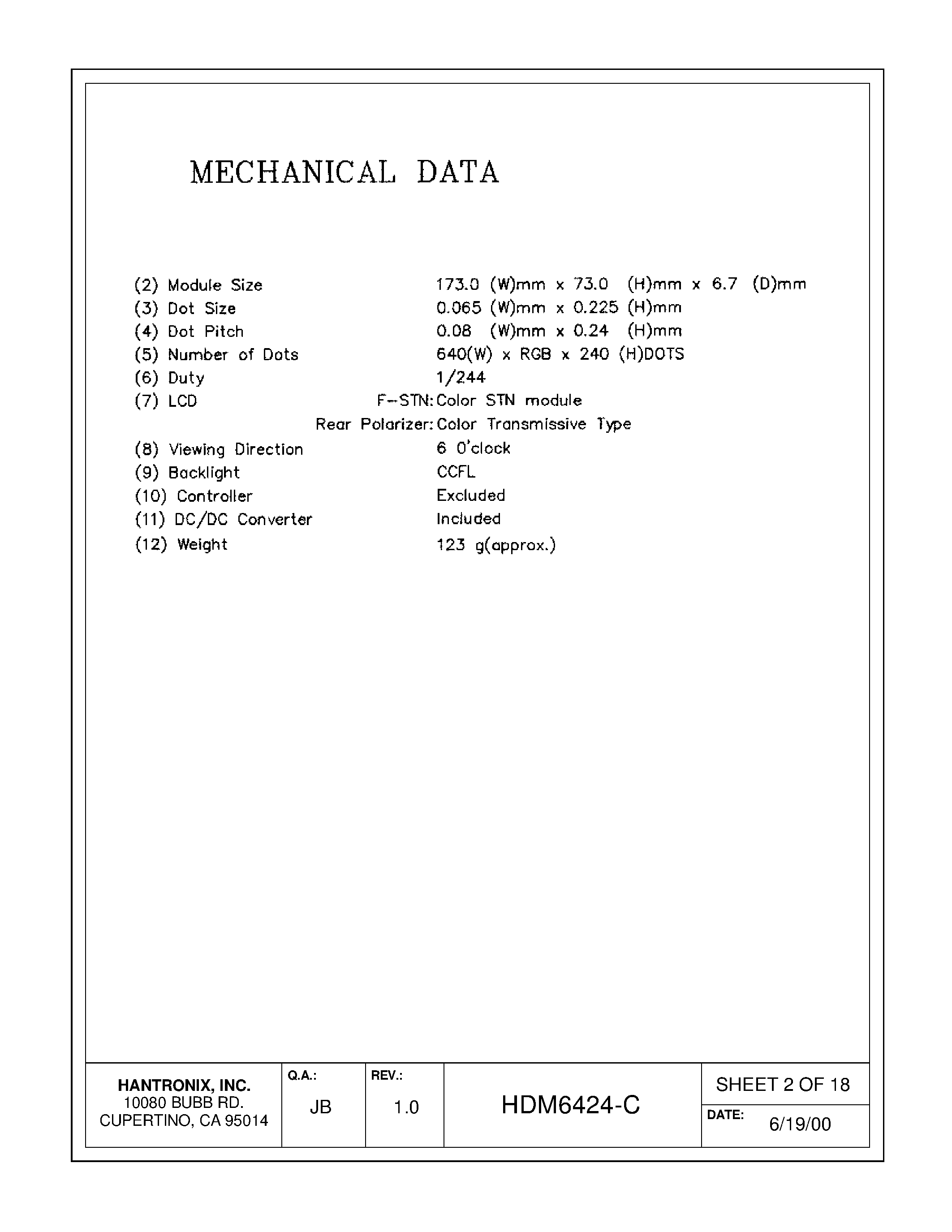 Datasheet HDMs6424-c page 2 Datasheet HDMs6424-c - LCD DISPLAY MODULE page 2