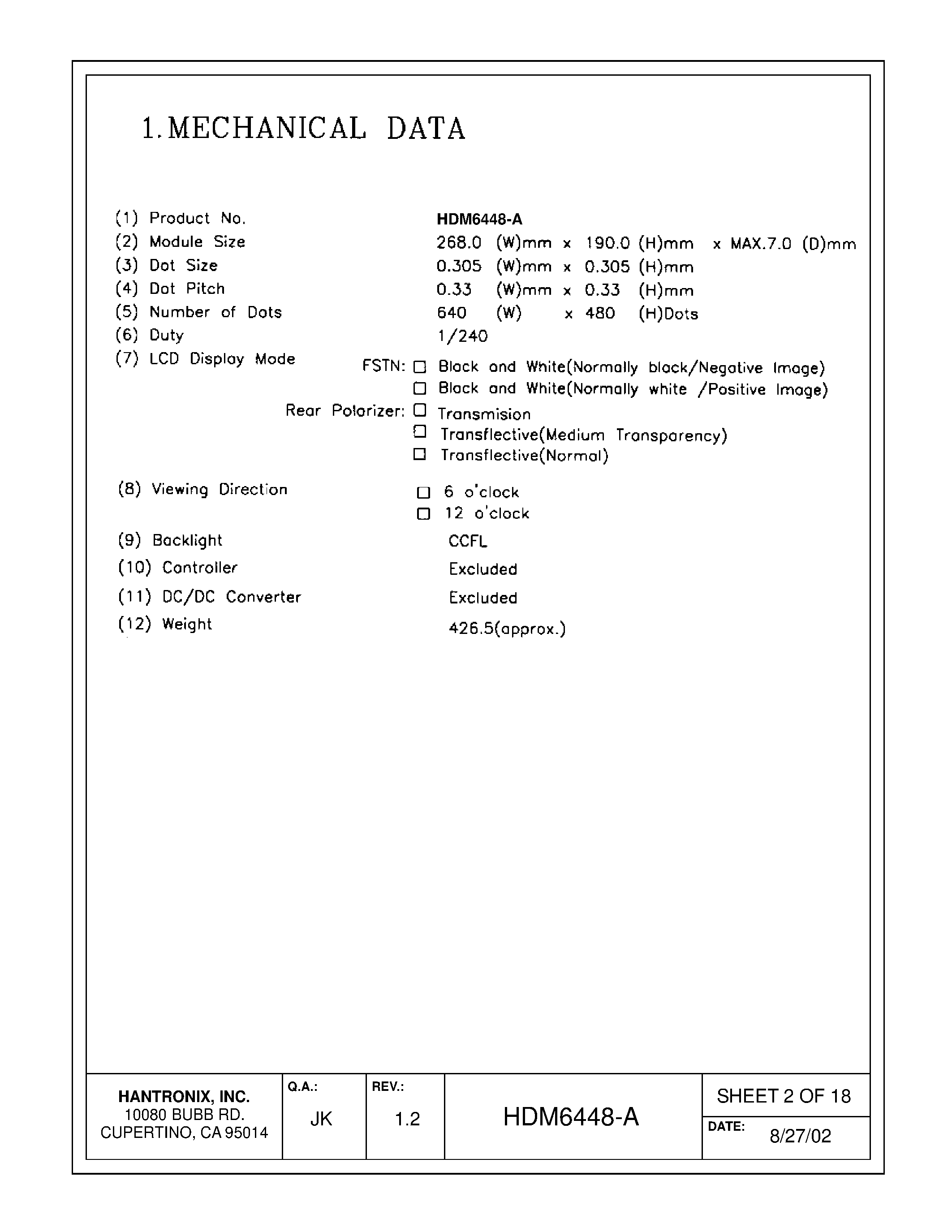 Datasheet HDMs6448-a page 2 Datasheet HDMs6448-a - LCD DISPLAY MODULE page 2