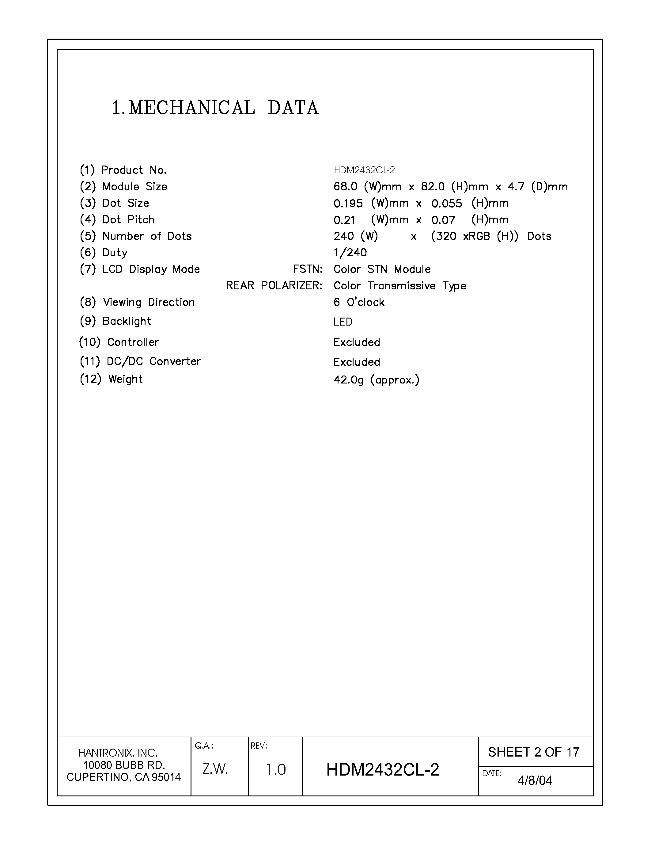 Datasheet HDMs2432cl-2 - LCD DISPLAY MODULE page 2