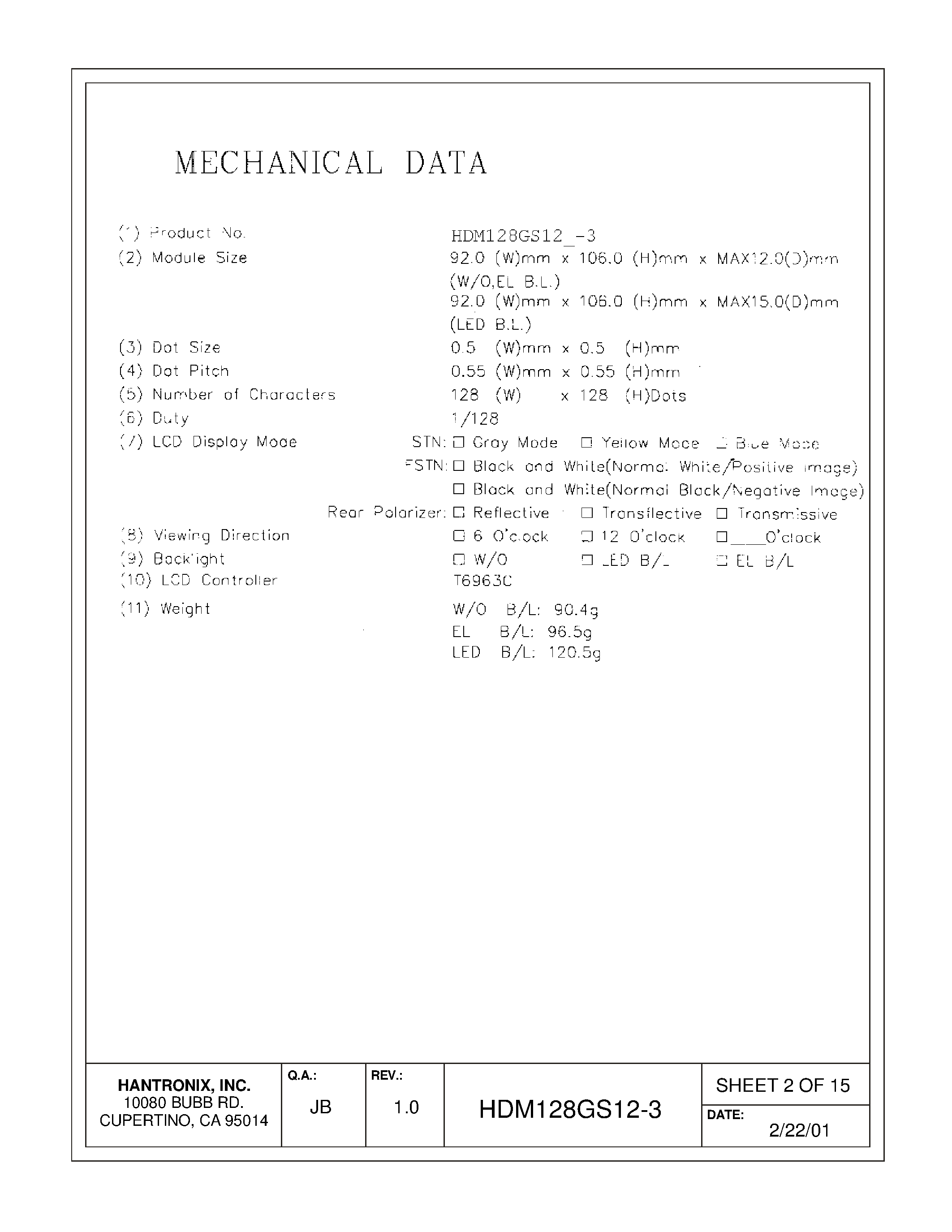 Datasheet HDMs128gs12-3 - LCD DISPLAY MODULE page 2