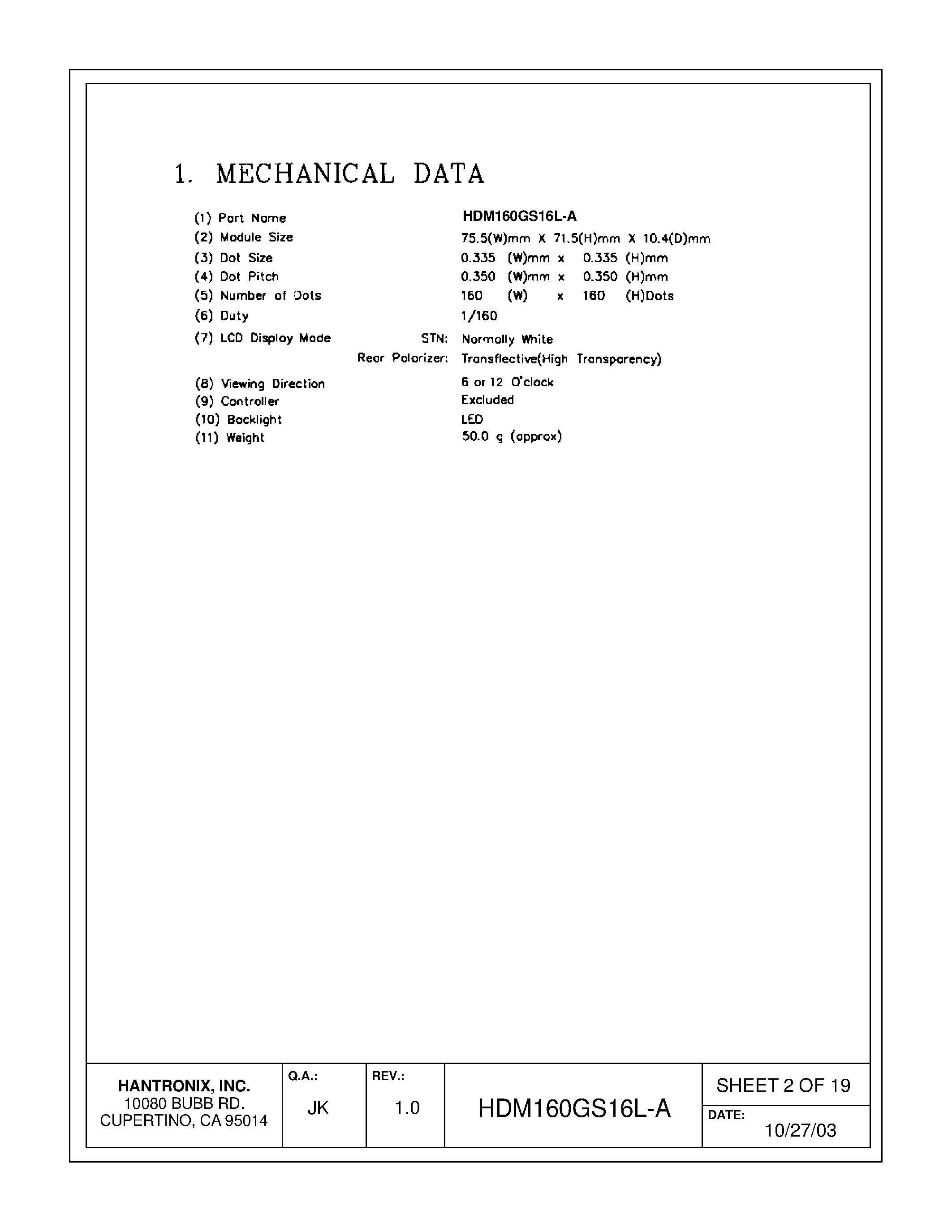 Datasheet HDMs160gs16l-a - LCD DISPLAY MODULE page 2