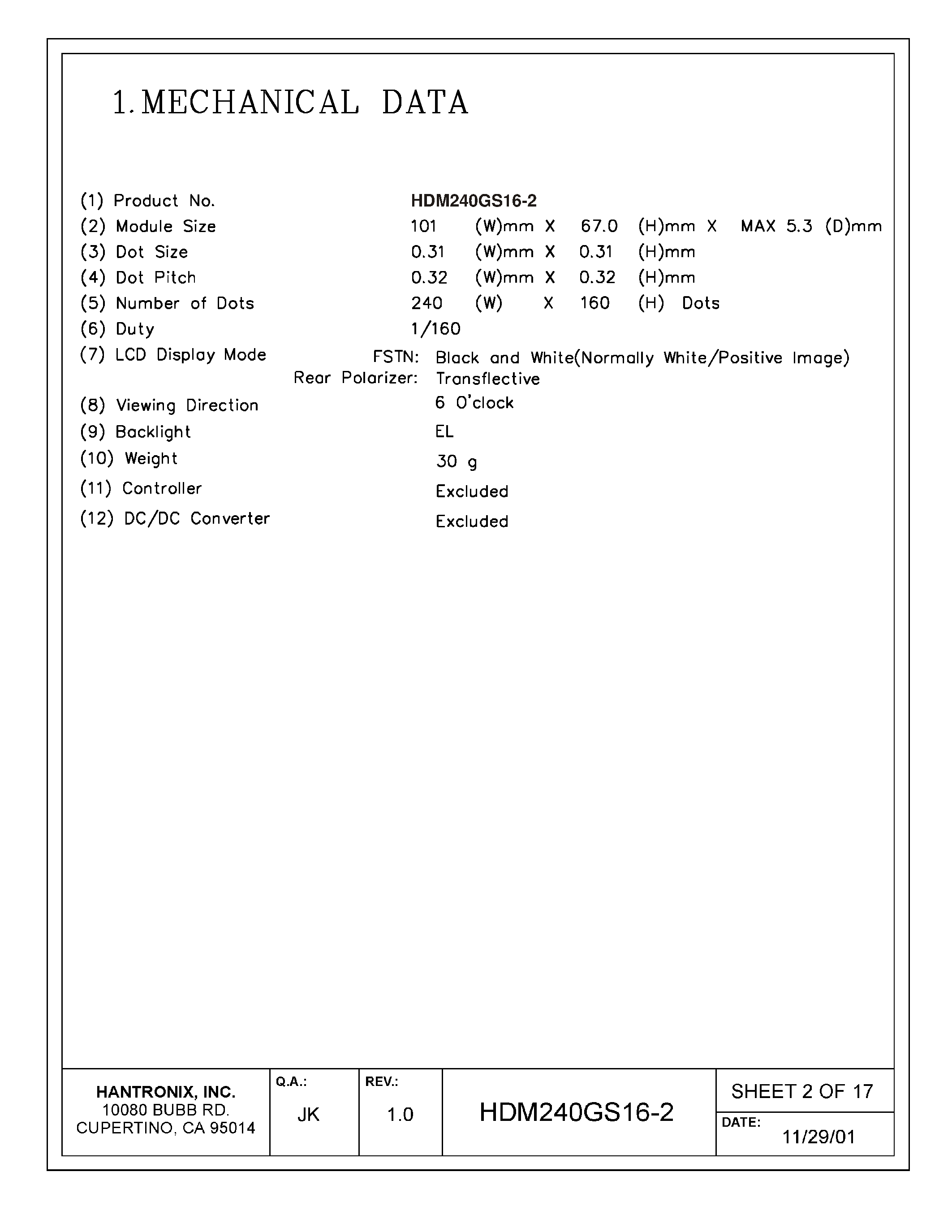 Datasheet HDMs240gs16-2 - LCD DISPLAY MODULE page 2