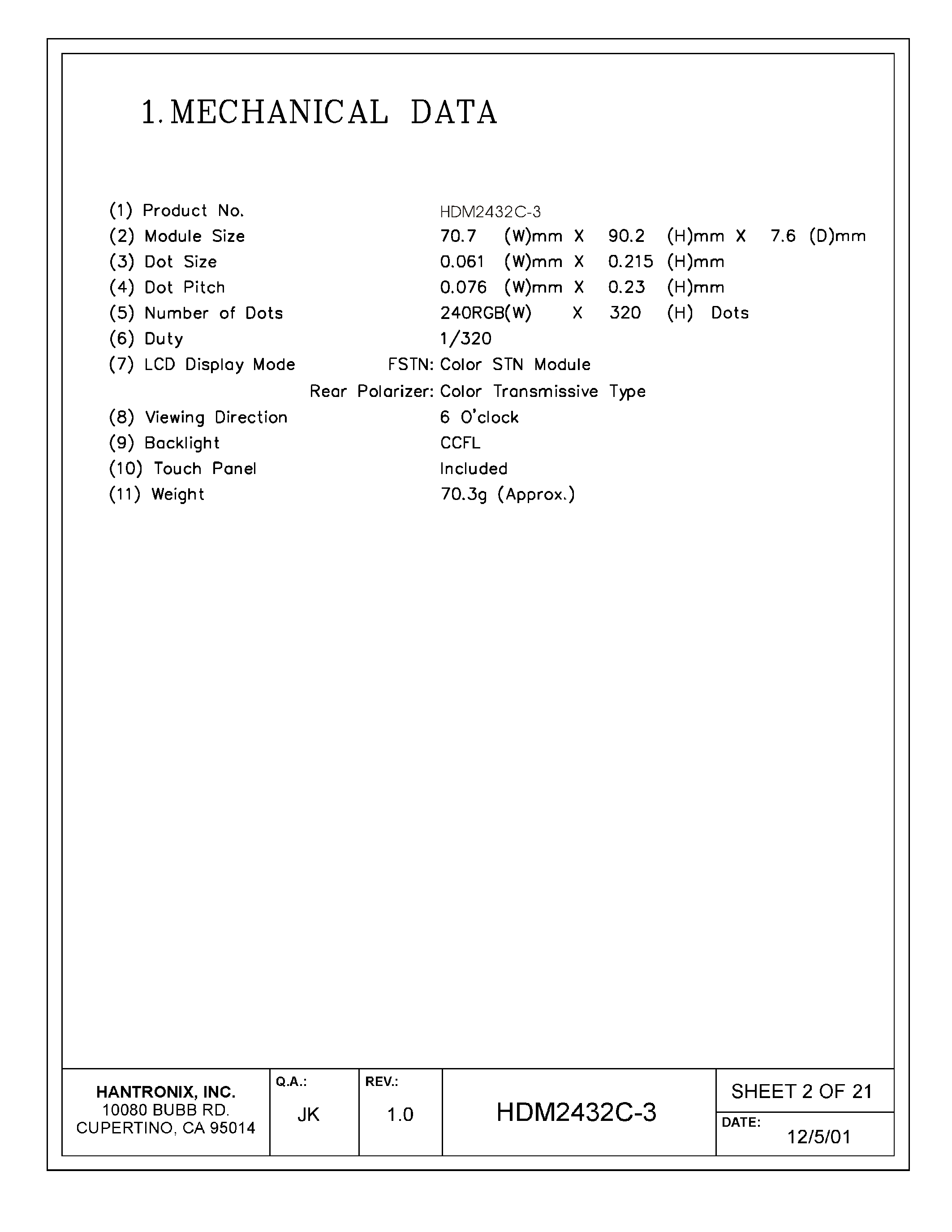 Datasheet HDMs2432c-3 - LCD DISPLAY MODULE page 2