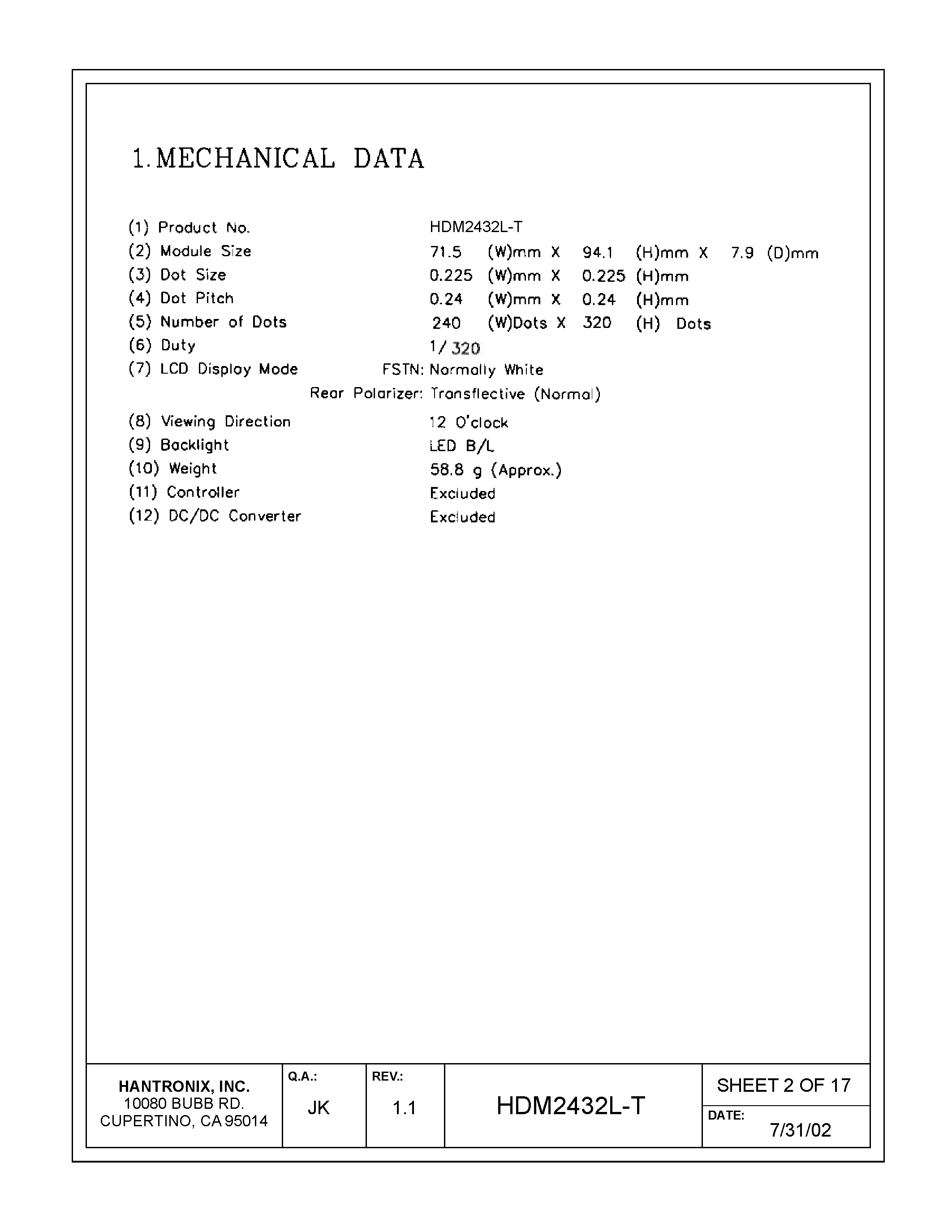 Даташит на микросхему HDMs2432l-t H страница 2 Даташит HDMs2432l-t H - LCD DISPLAY MODULE страница 2