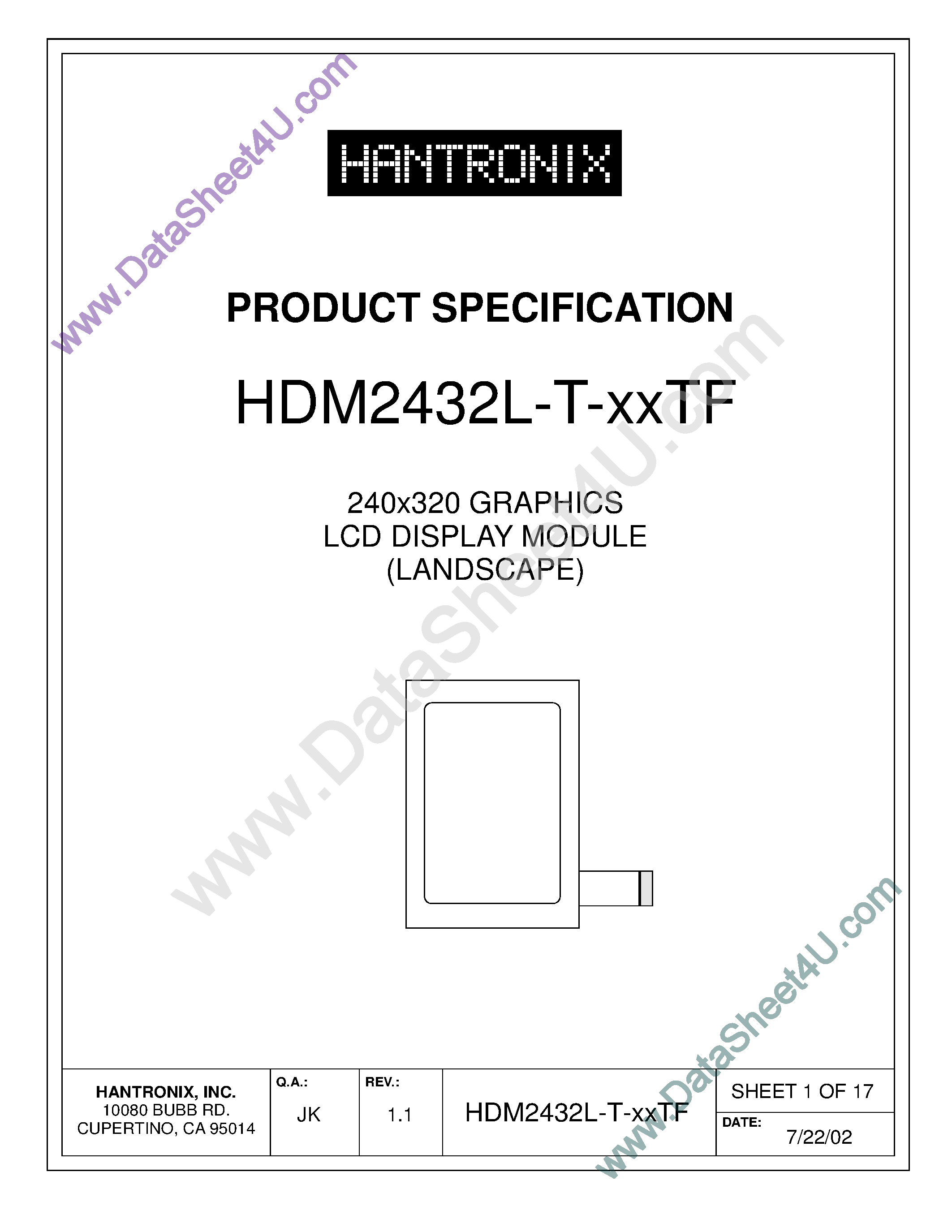 Datasheet HDMs2432l-t-xxtf page 1 Datasheet HDMs2432l-t-xxtf - LCD DISPLAY MODULE page 1