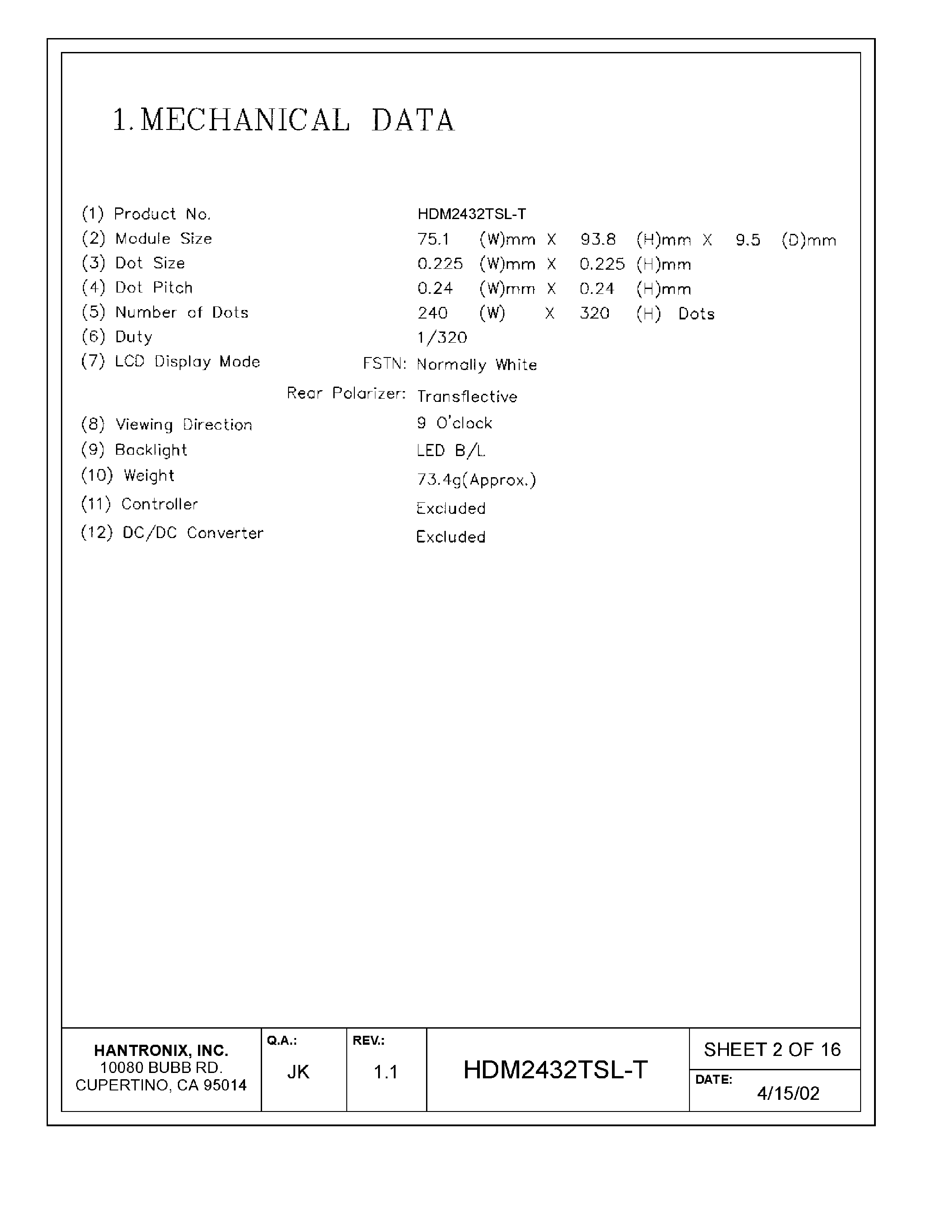 Datasheet HDMs2432tsl-t - LCD DISPLAY MODULE page 2