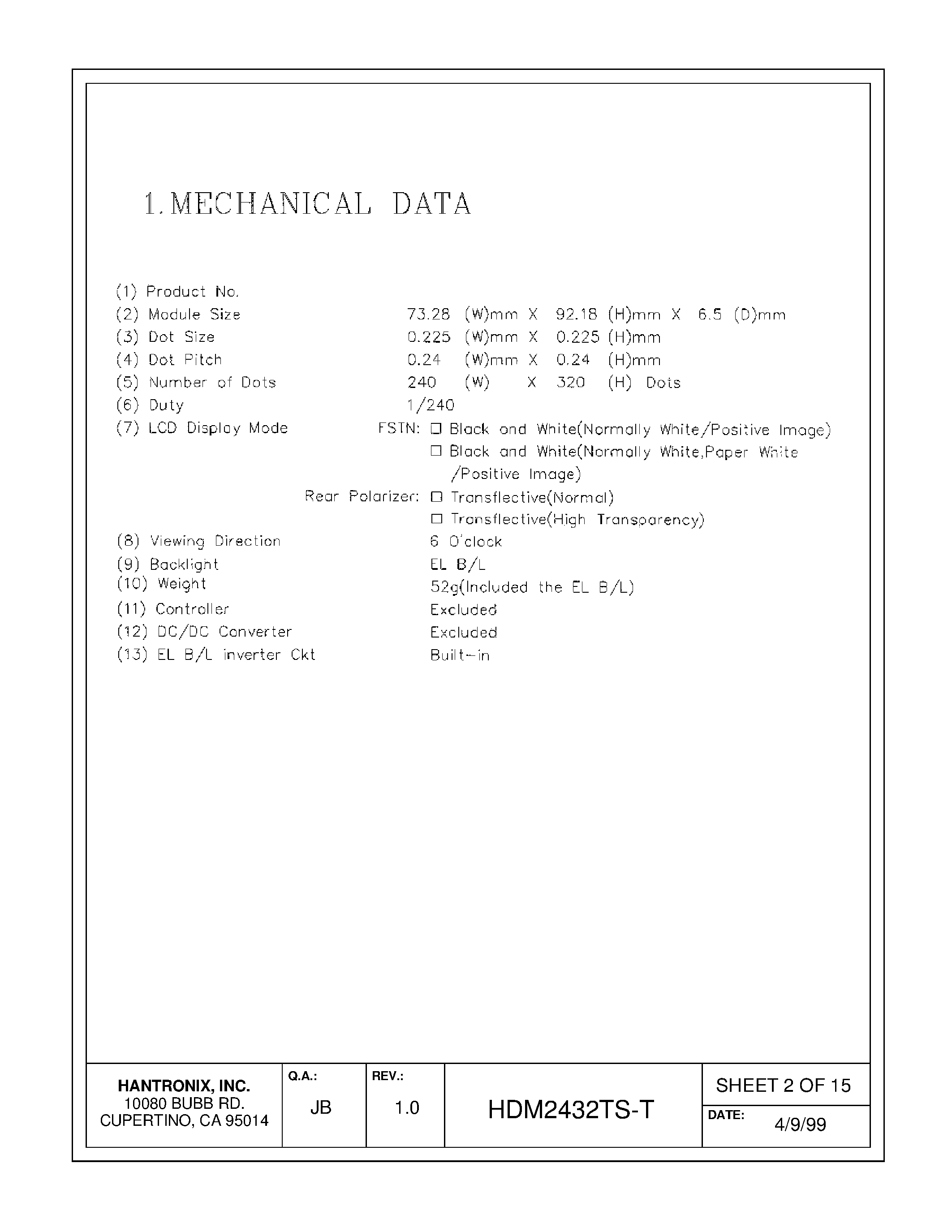 Datasheet HDMs2432ts-t page 2 Datasheet HDMs2432ts-t - LCD DISPLAY MODULE page 2