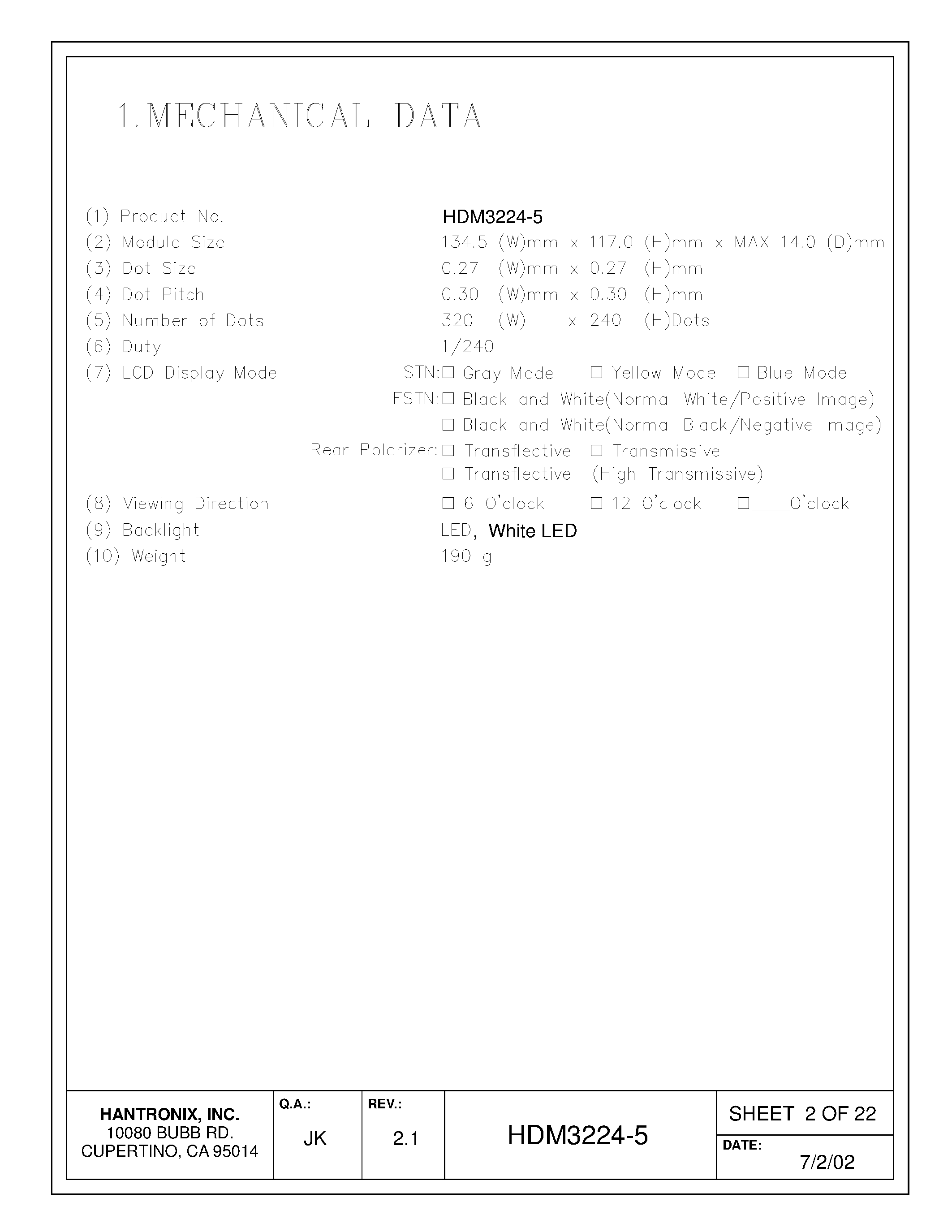 Datasheet HDMs3224-5 - LCD DISPLAY MODULE page 2