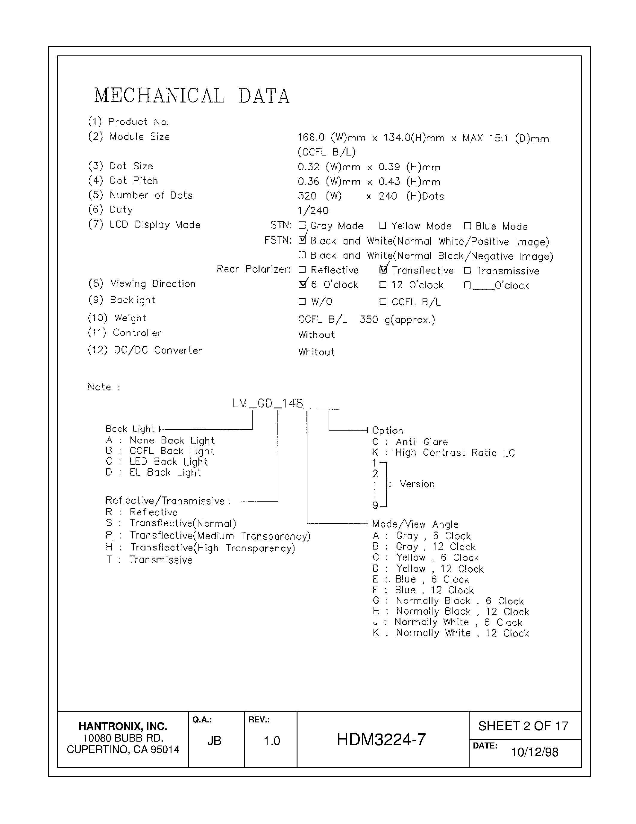 Datasheet HDMs3224-7 page 2 Datasheet HDMs3224-7 - LCD DISPLAY MODULE page 2