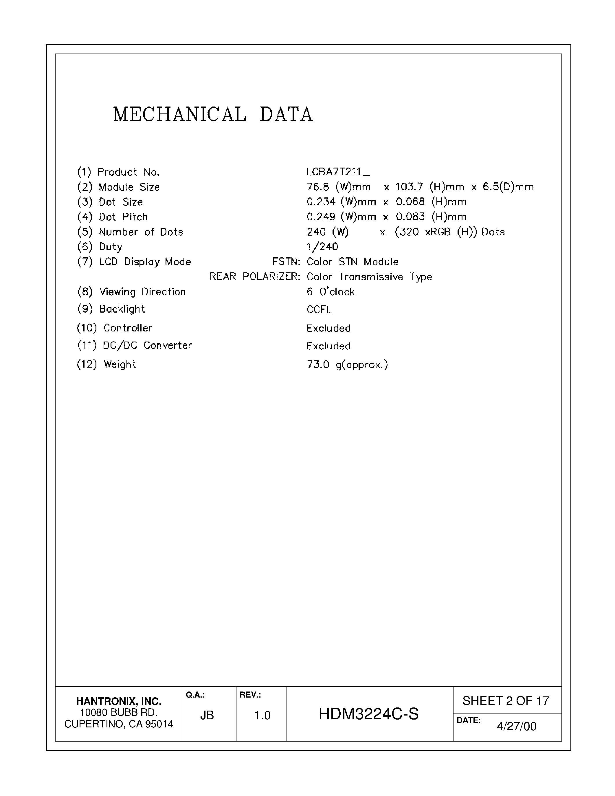 Datasheet HDMs3224c-s - LCD DISPLAY MODULE page 2