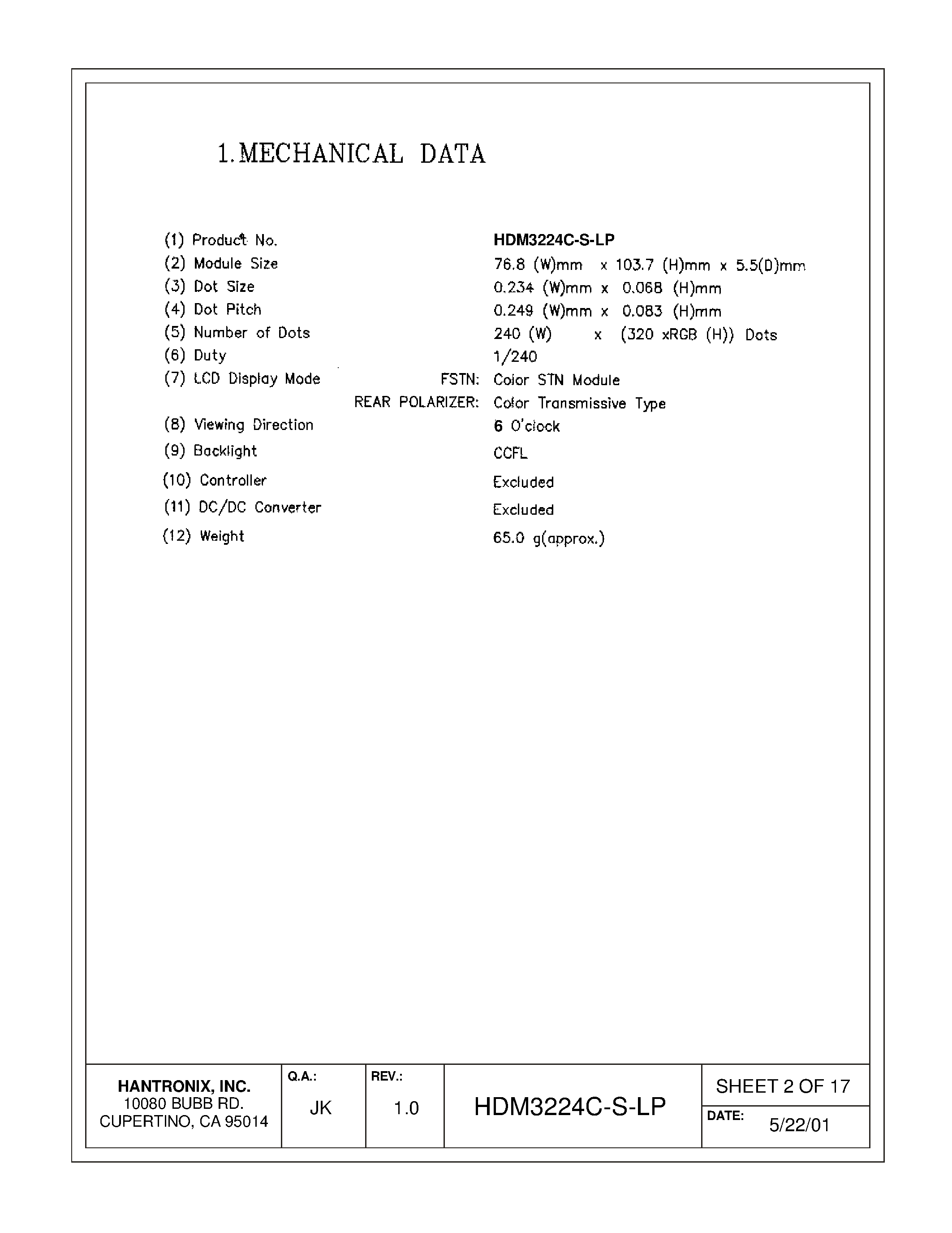 Datasheet HDMs3224c-s-lp page 2 Datasheet HDMs3224c-s-lp - LCD DISPLAY MODULE page 2