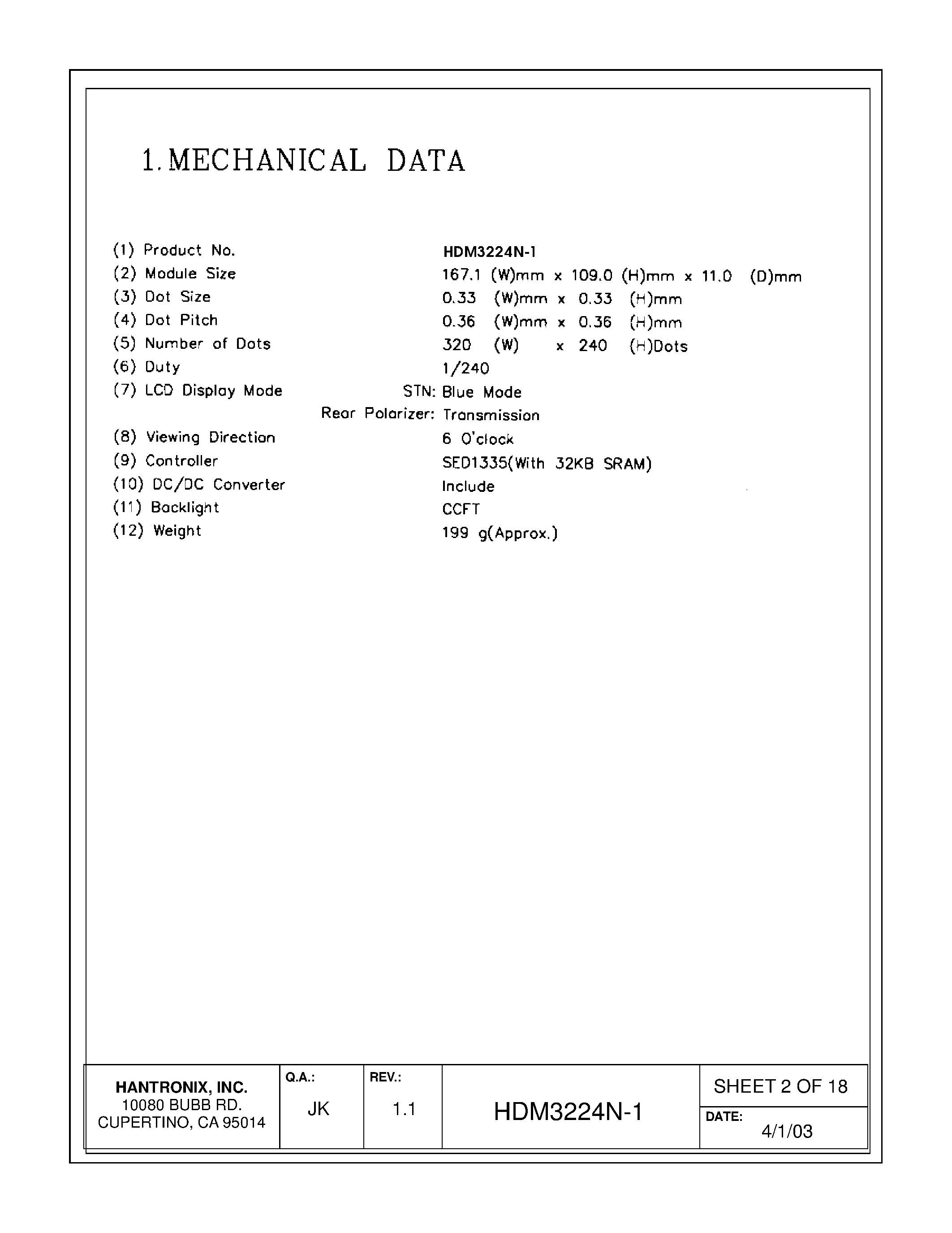 Даташит на микросхему HDMs3224n-1 страница 2 Даташит HDMs3224n-1 - LCD DISPLAY MODULE страница 2