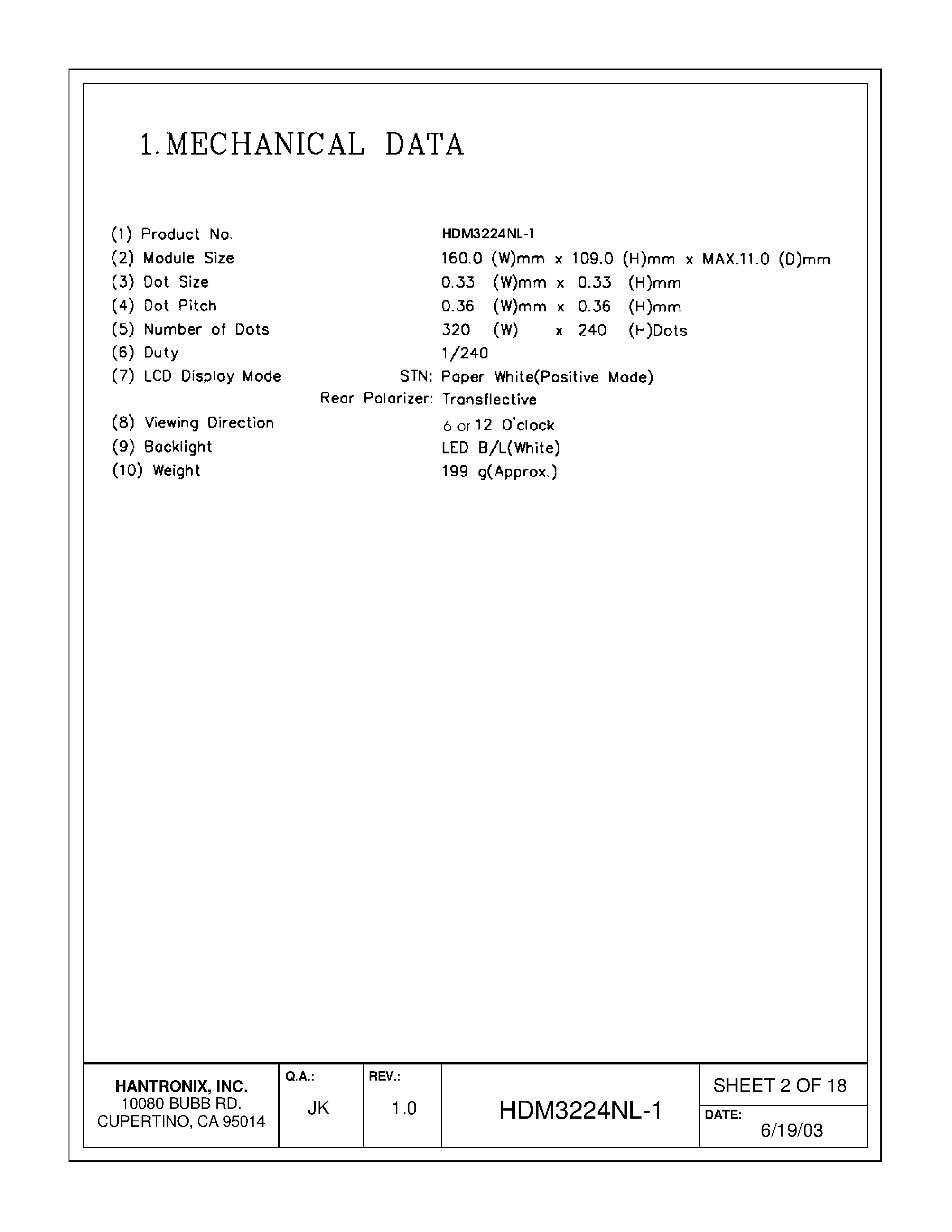 Даташит HDMs3224nl-1 - LCD DISPLAY MODULE страница 2