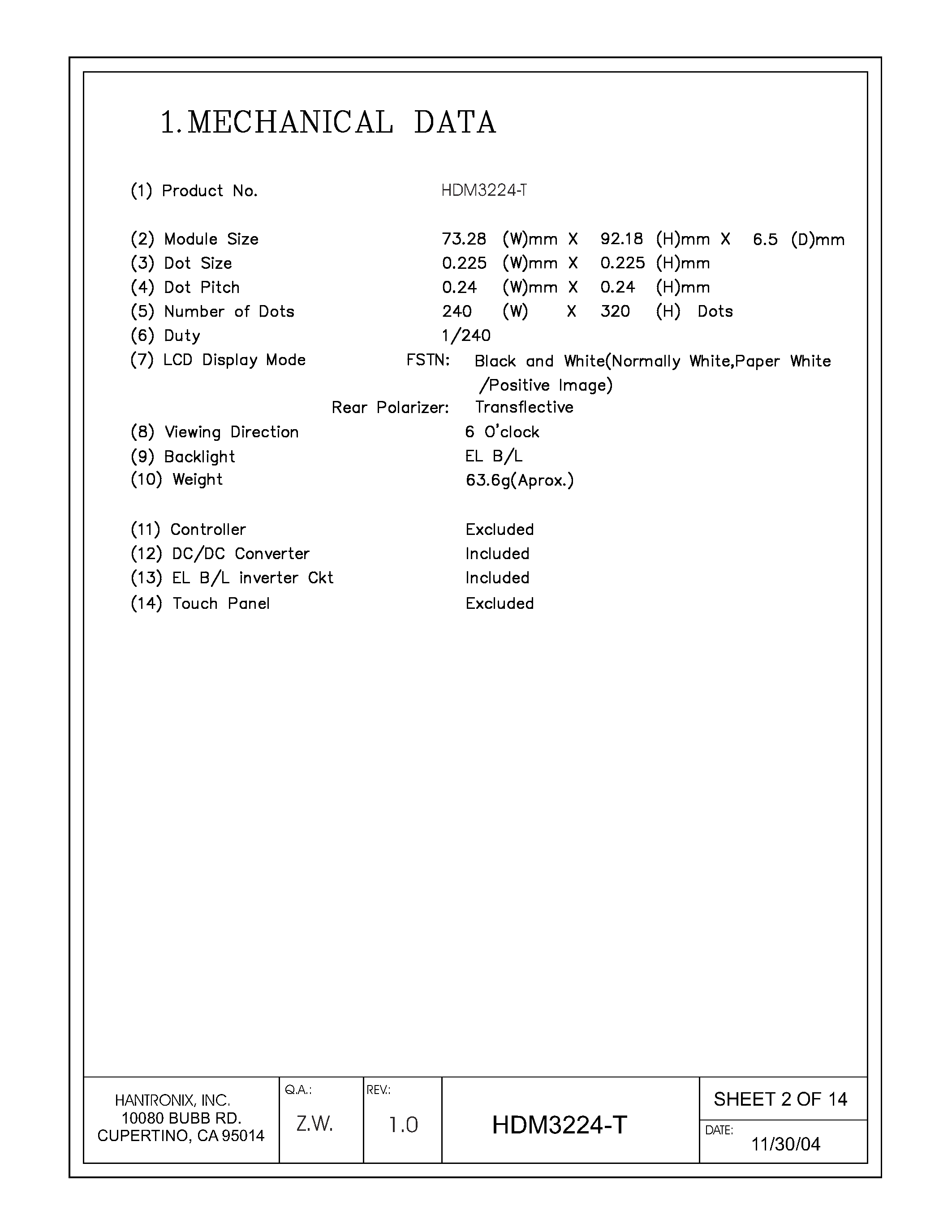 Datasheet HDMs3224-t page 2 Datasheet HDMs3224-t - LCD DISPLAY MODULE page 2