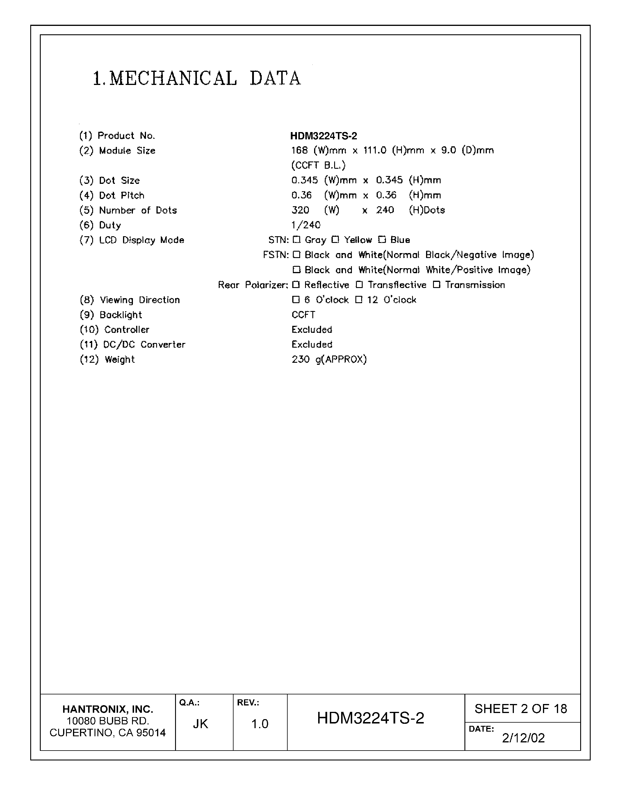 Datasheet HDMs3224ts-2 - LCD DISPLAY MODULE page 2