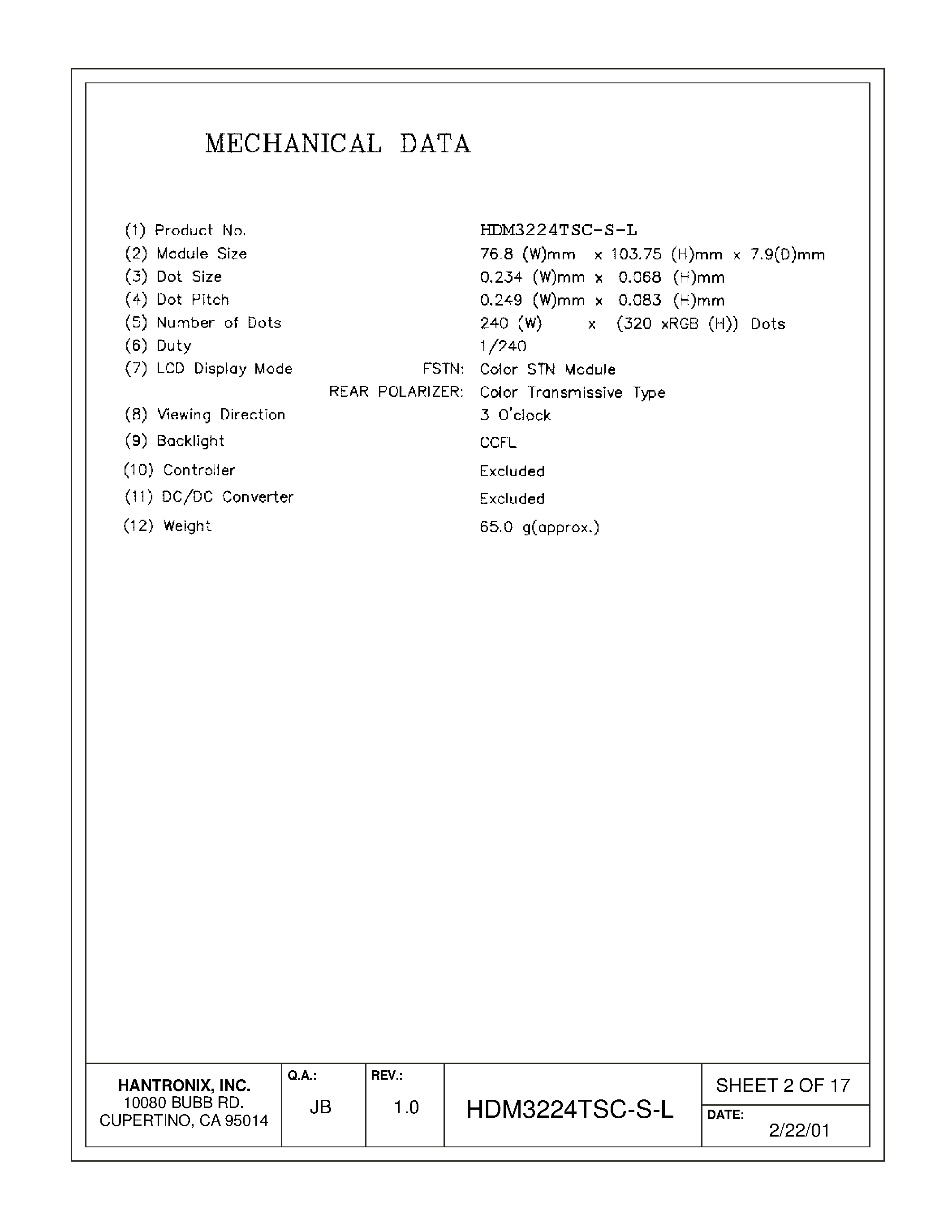 Datasheet HDMs3224tsc-s-l page 2 Datasheet HDMs3224tsc-s-l - LCD DISPLAY MODULE page 2
