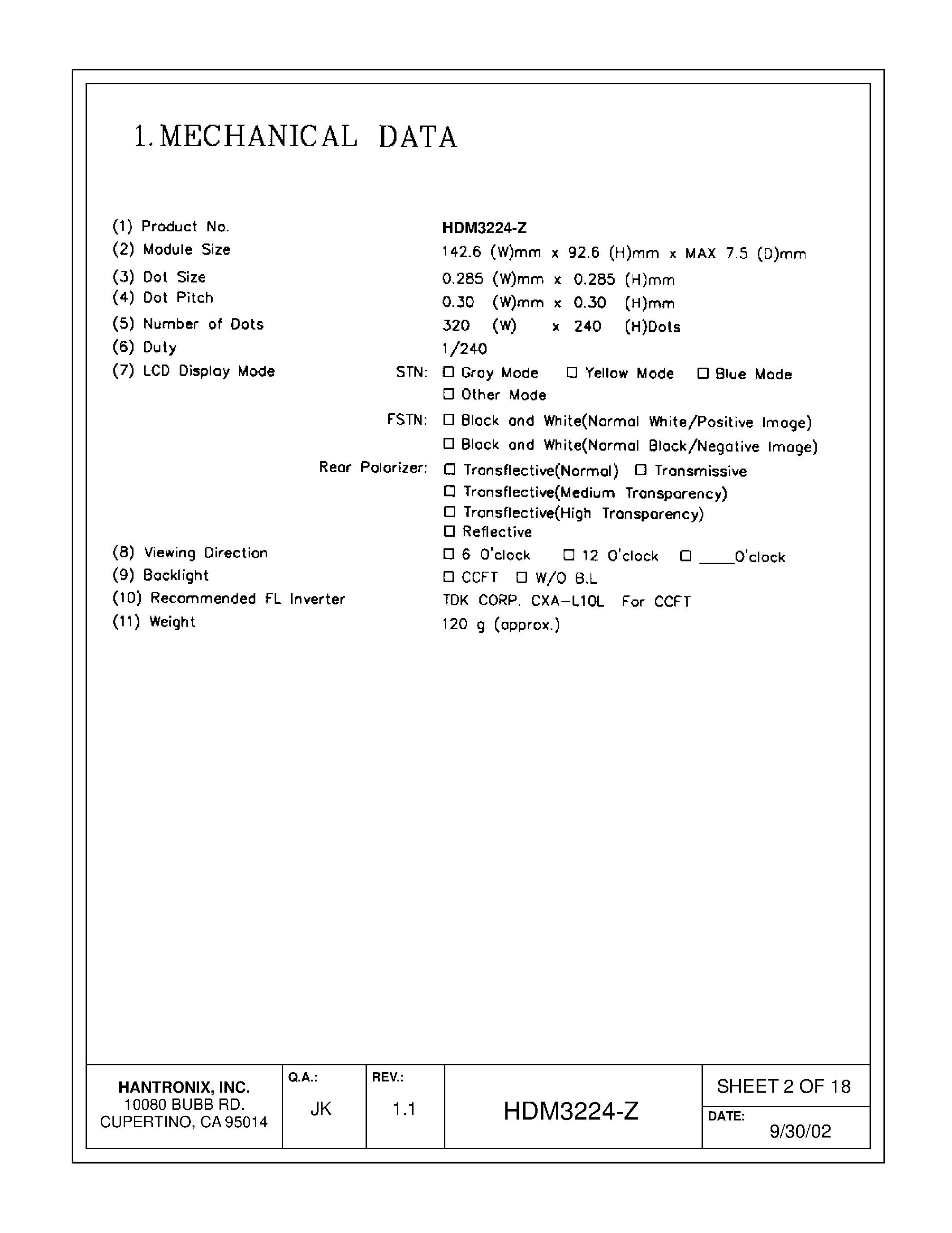 Datasheet HDMs3224-z - LCD DISPLAY MODULE page 2