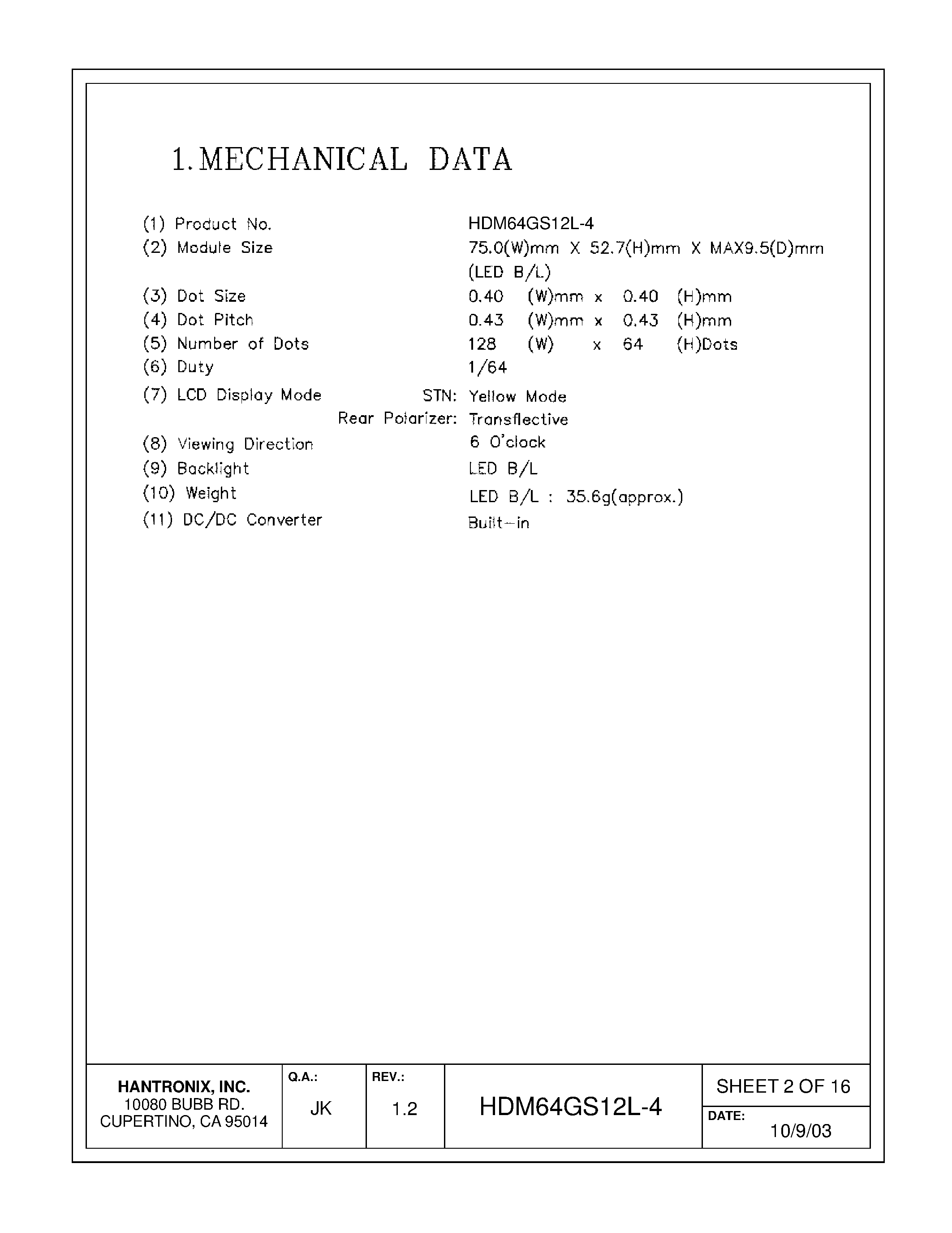 Datasheet HDMs32gs12l-4 - LCD DISPLAY MODULE page 2