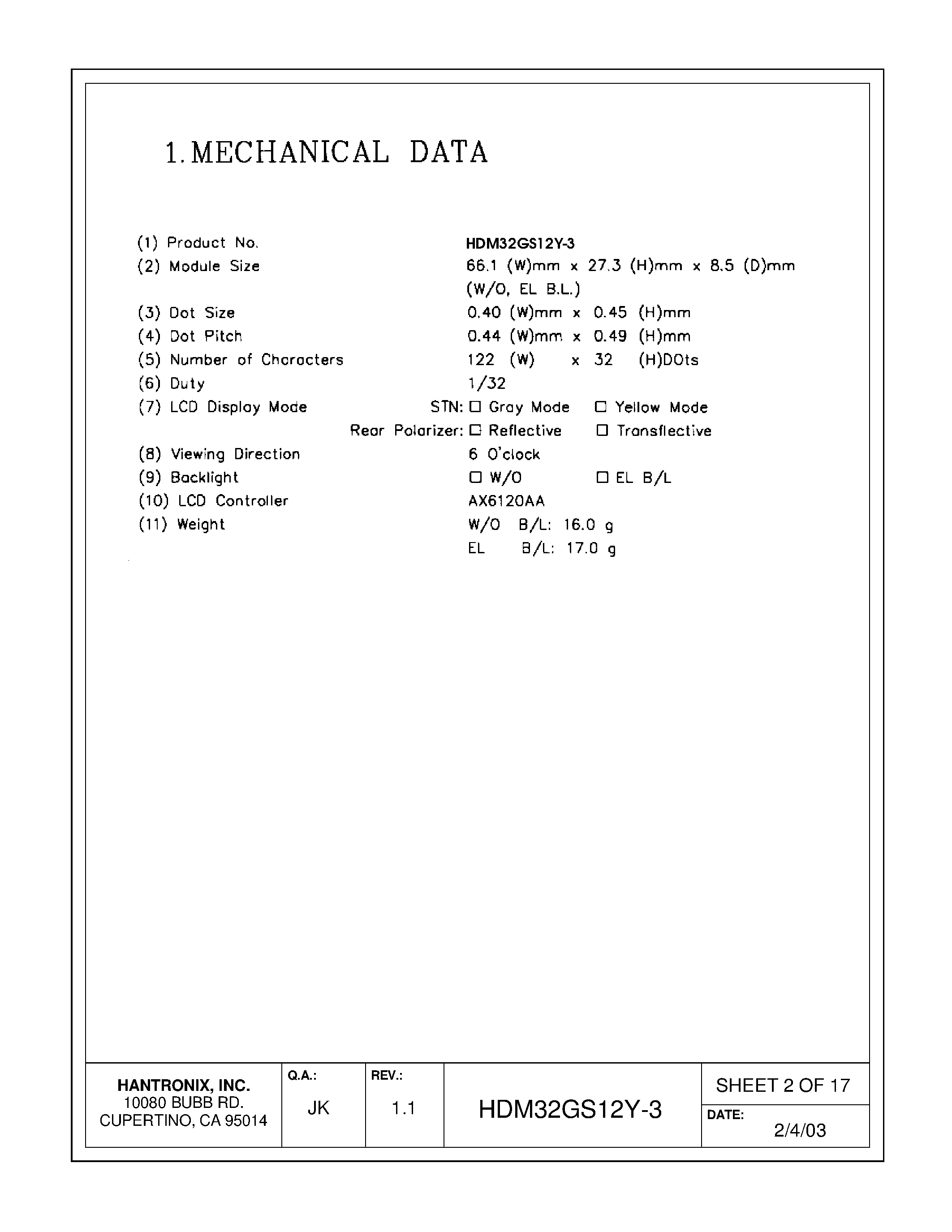 Datasheet HDMs32gs12y-3 - LCD DISPLAY MODULE page 2