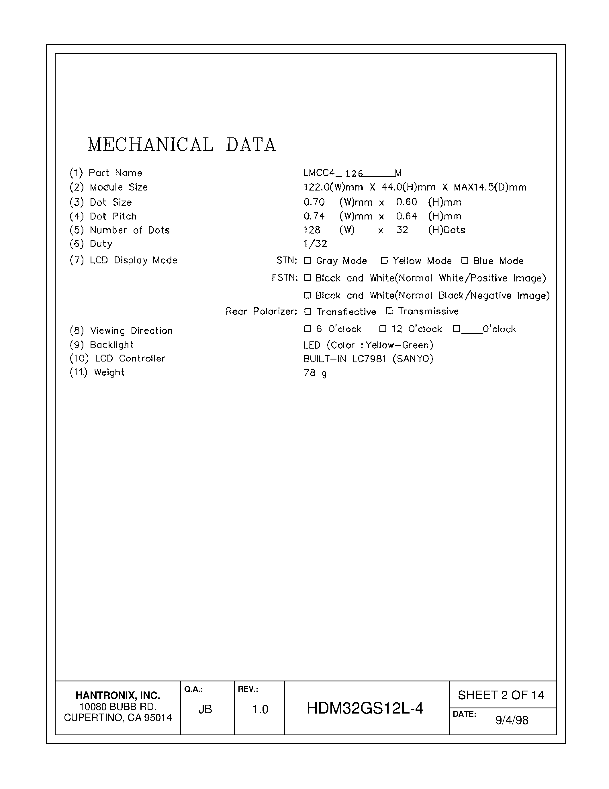 Datasheet HDMs64gs12l-4 - LCD DISPLAY MODULE page 2