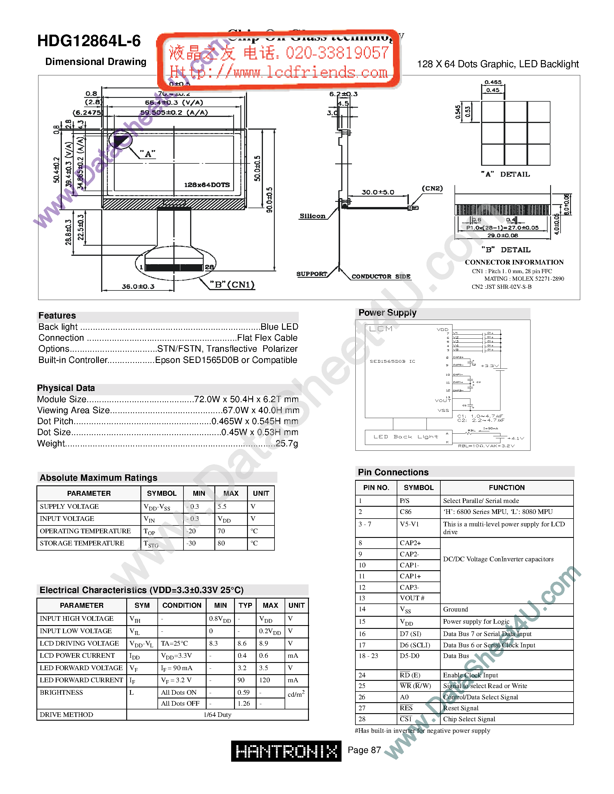 Даташит на микросхему HDM12864l-6 страница 1 Даташит HDM12864l-6 - LCD DISPLAY MODULE страница 1