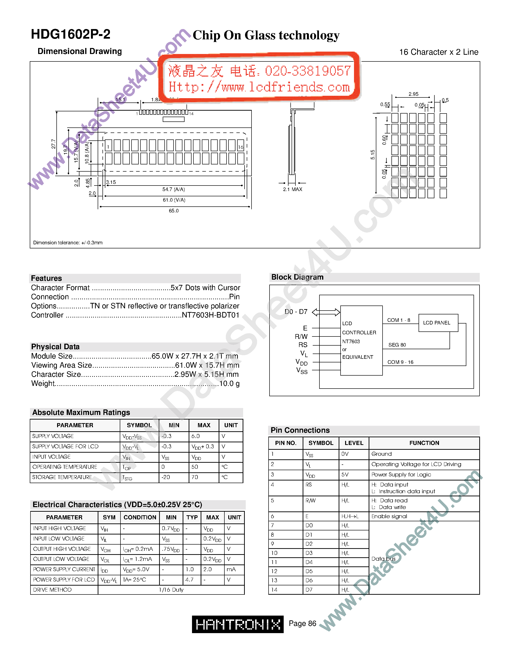 Datasheet HDM1602p-2 - LCD DISPLAY MODULE page 1