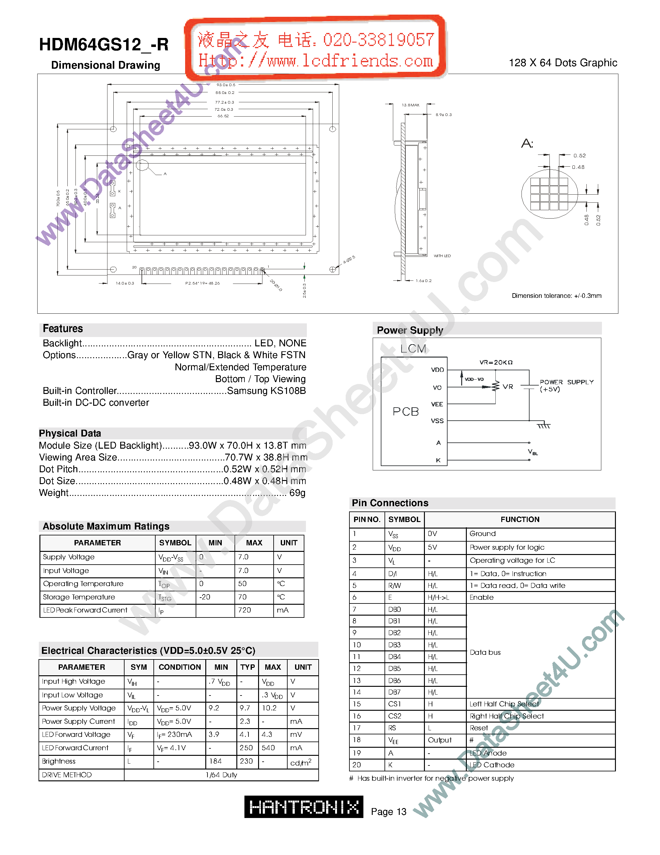 Даташит HDM64gs12-r - LCD DISPLAY MODULE страница 1