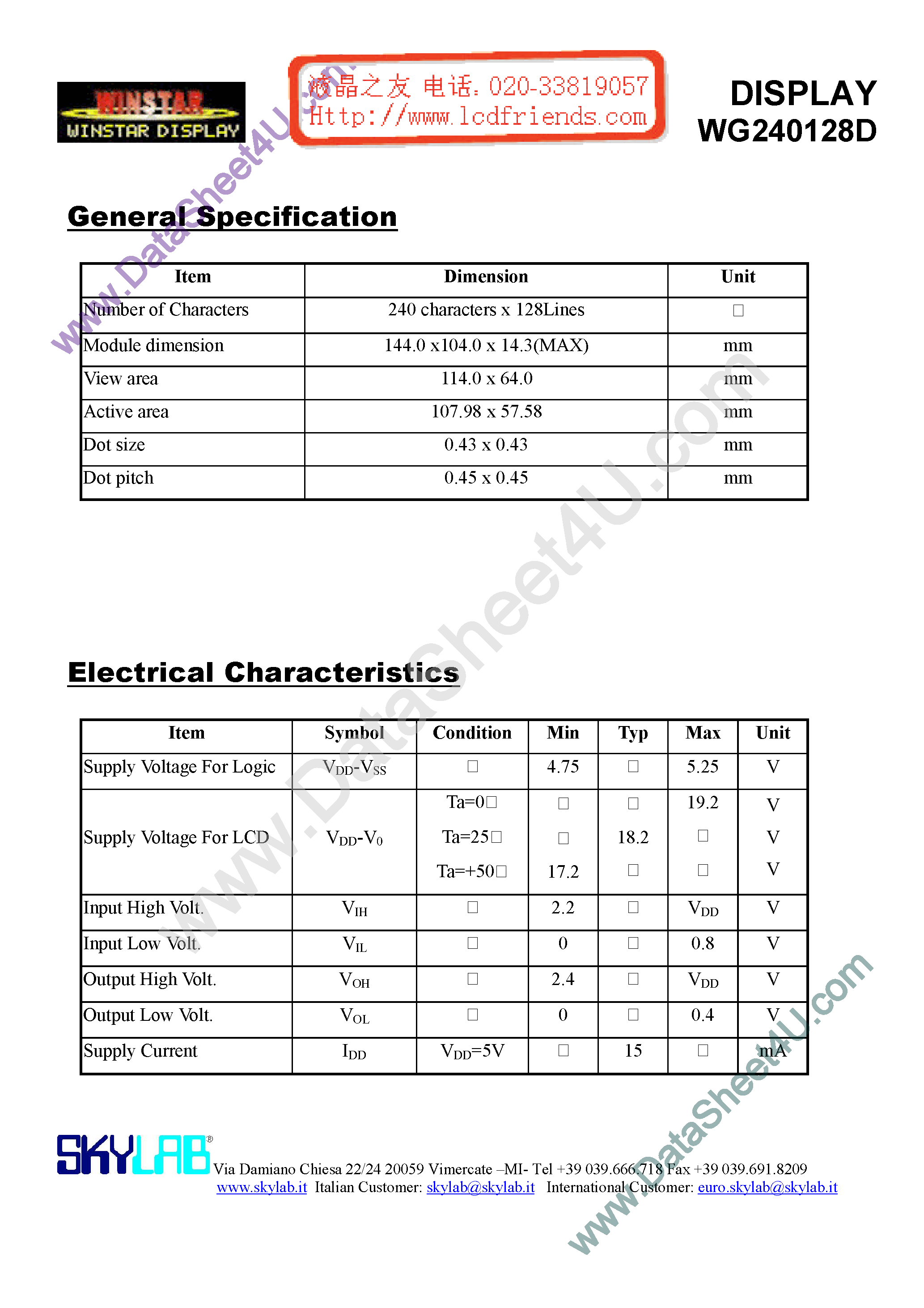 Datasheet WG240128D A - DISPLAY page 1