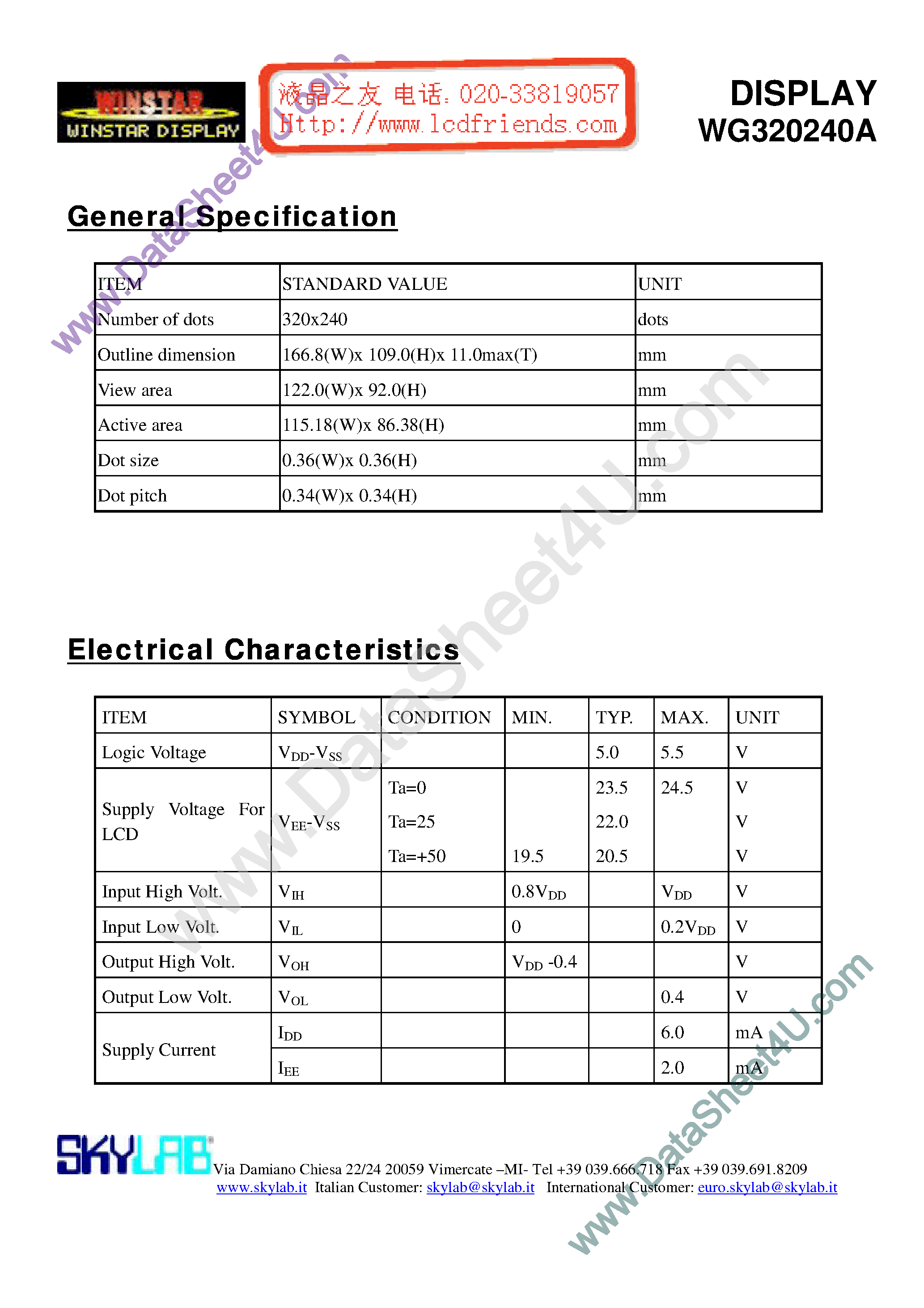 Datasheet WG320240A A - DISPLAY page 1