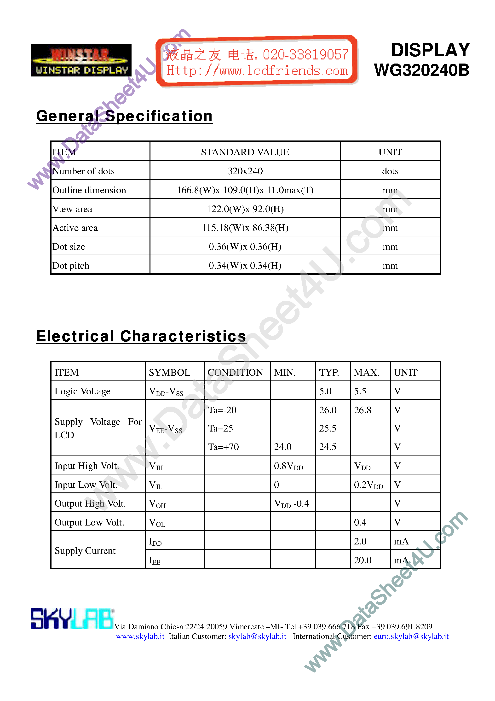 Datasheet WG320240B A - DISPLAY page 1