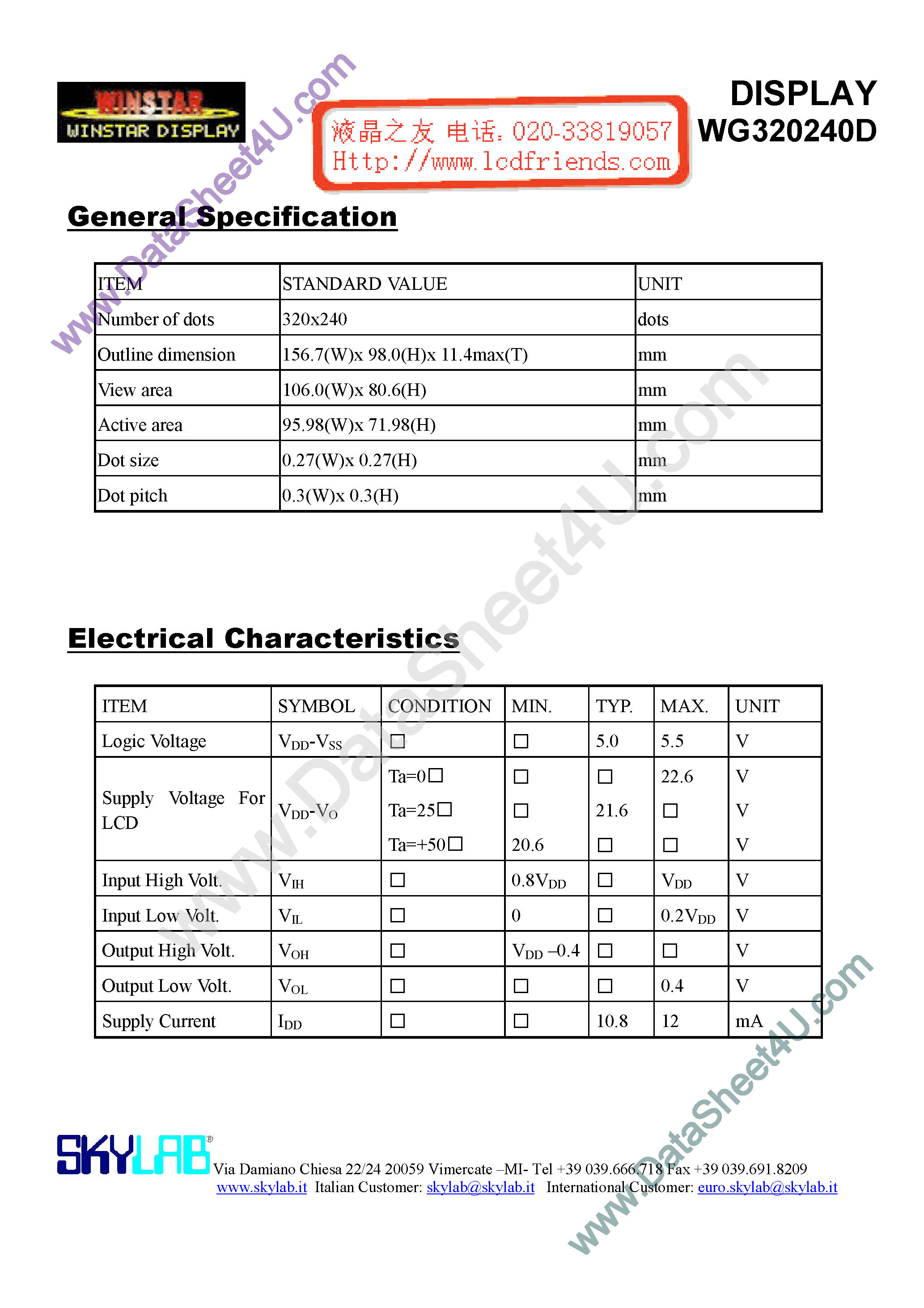 Datasheet WG320240D A - DISPLAY page 1