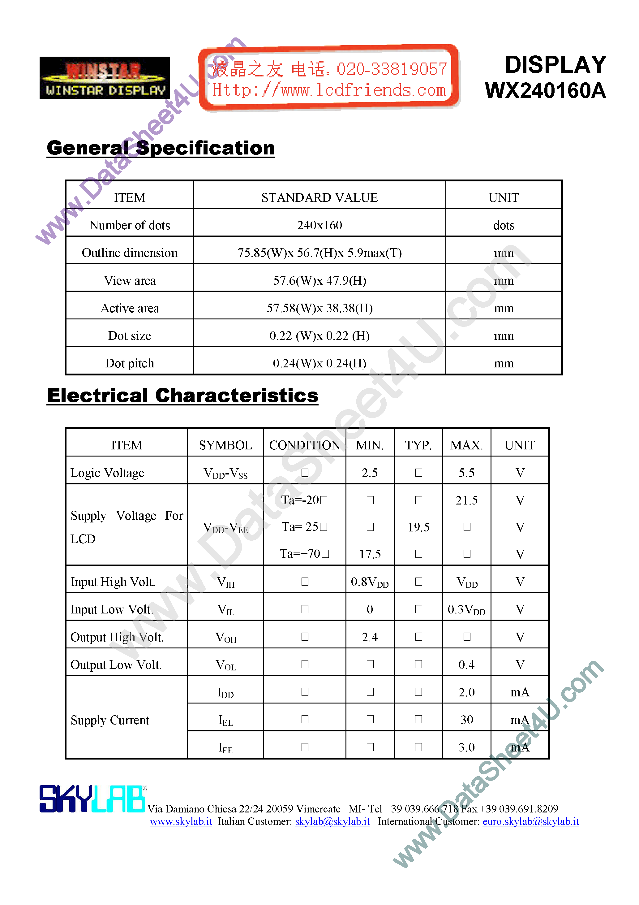 Datasheet WX240160A A - DISPLAY page 1