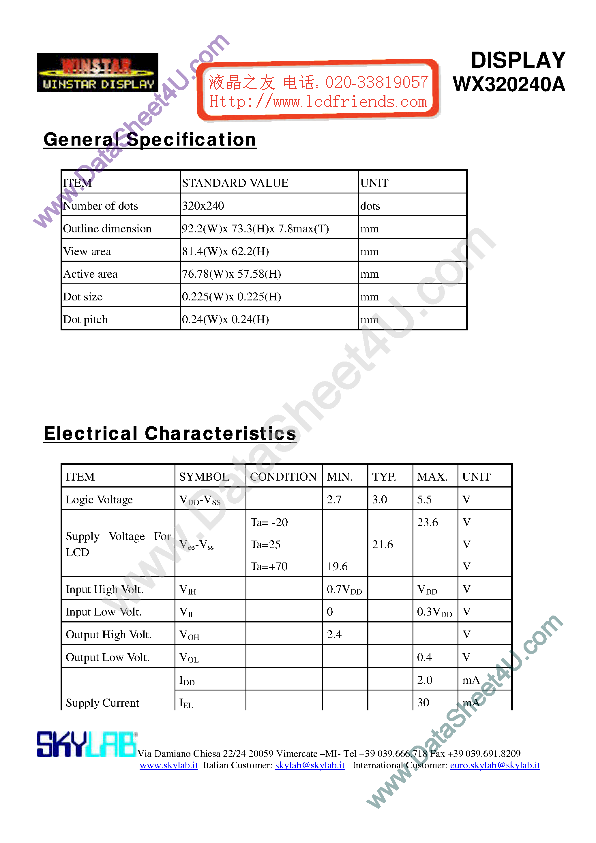 Datasheet WX320240A A - DISPLAY page 1
