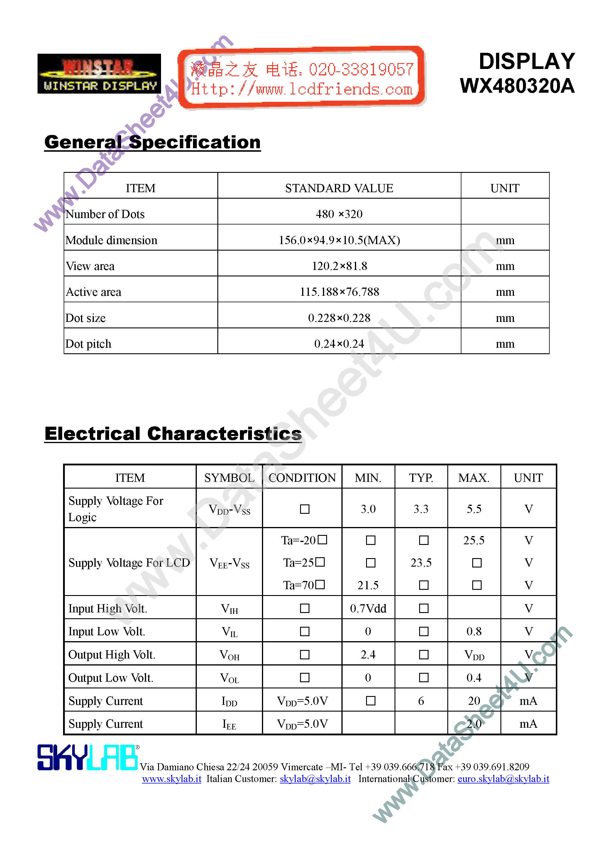 Datasheet WX480320A A - DISPLAY page 1