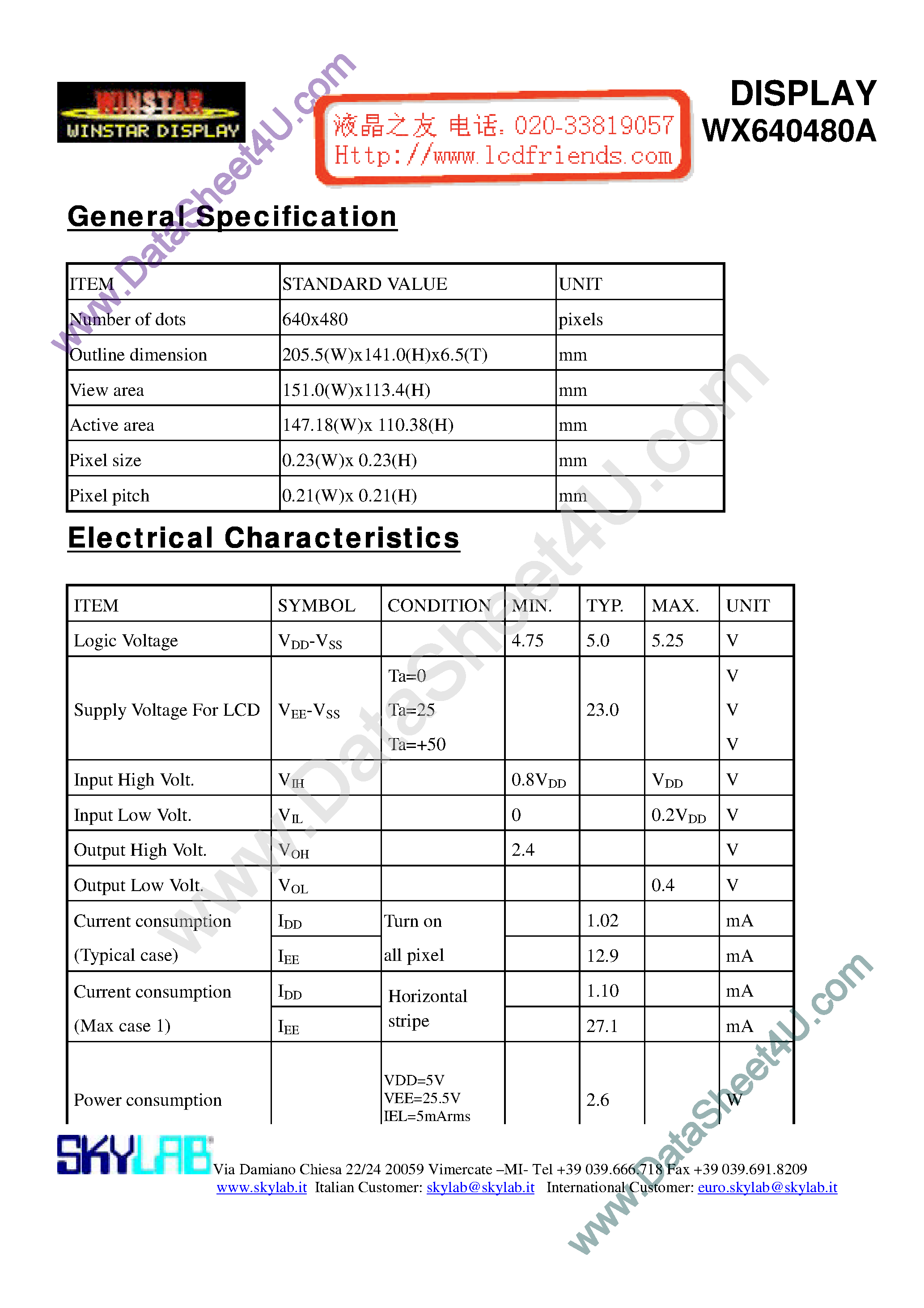 Datasheet WX640480A A - DISPLAY page 1