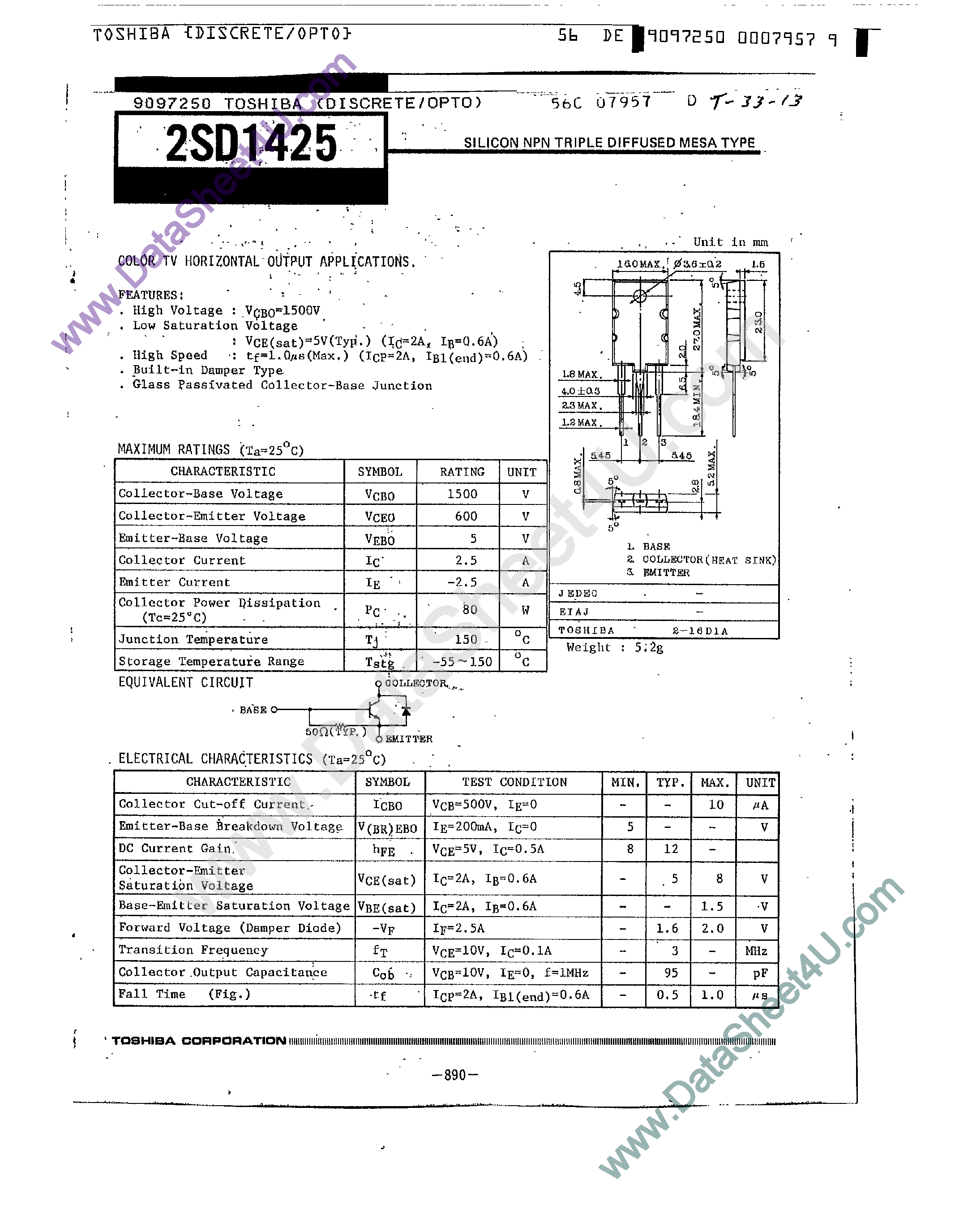 Datasheet 2SD1425 - Color TV Horizontal Output Applications page 1