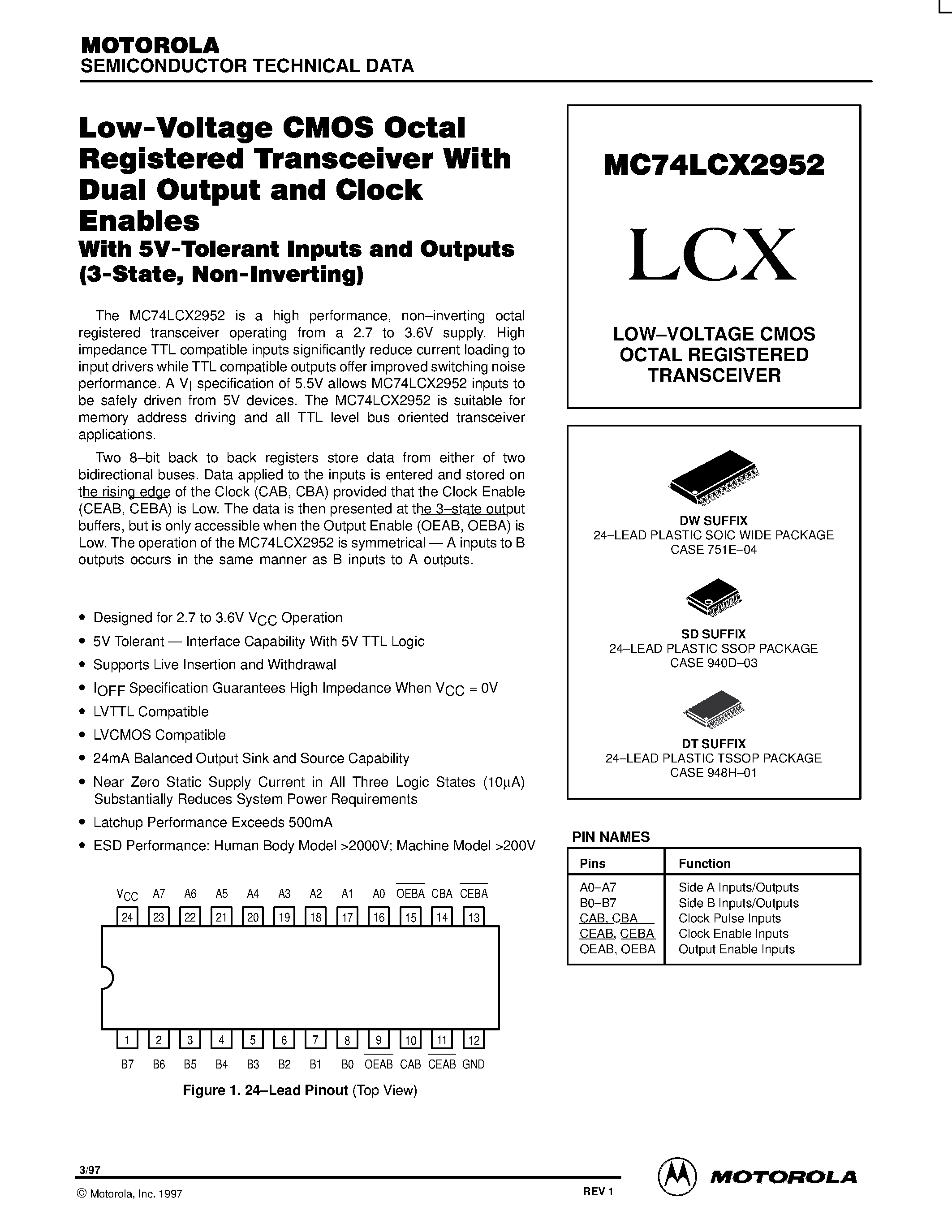 Даташит MC74LCX2952 - LOW-VOLTAGE CMOS OCTAL REGISTERED TRANSCEIVER страница 1