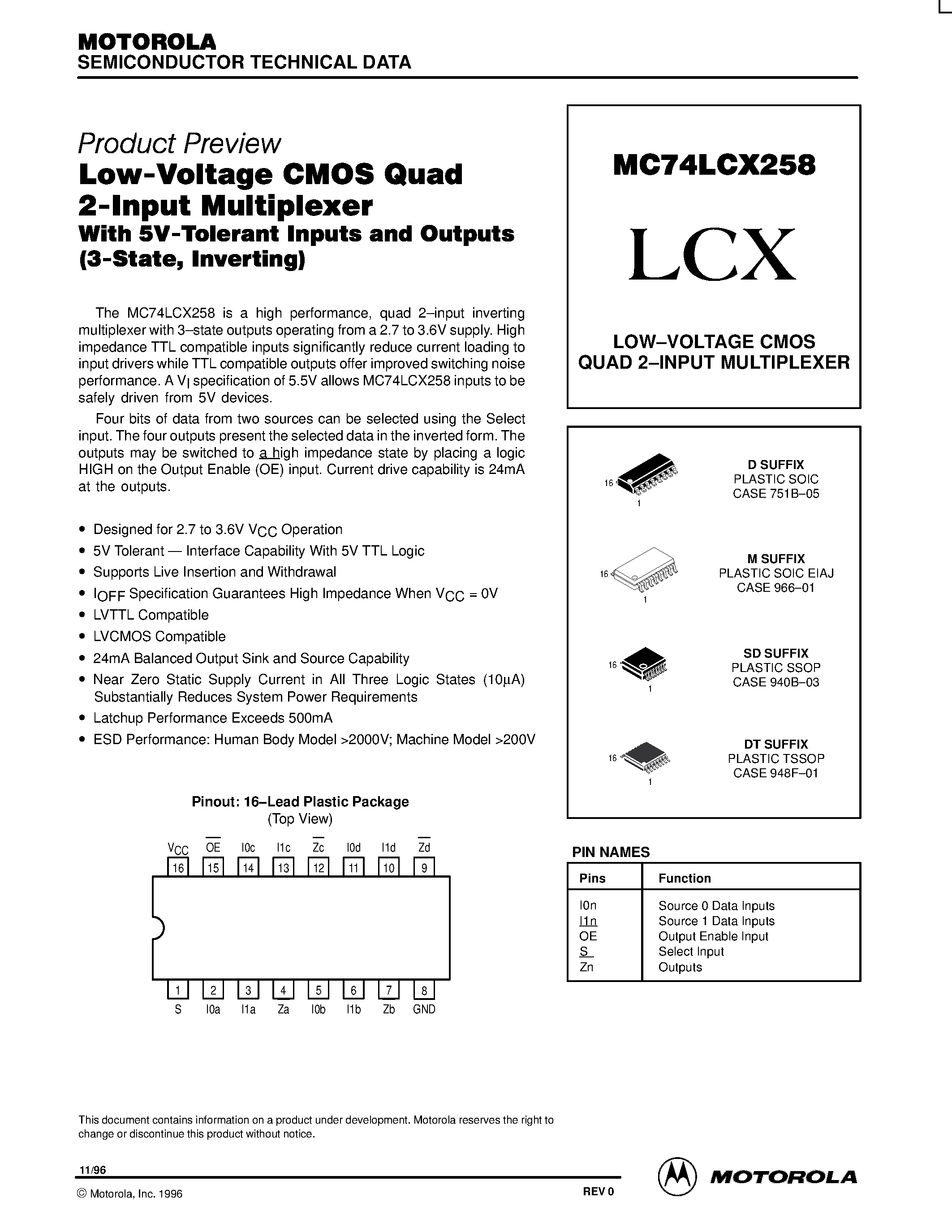 Даташит MC74LCX258 - Low-Voltage CMOS Quad 2-Input Multiplexer страница 1
