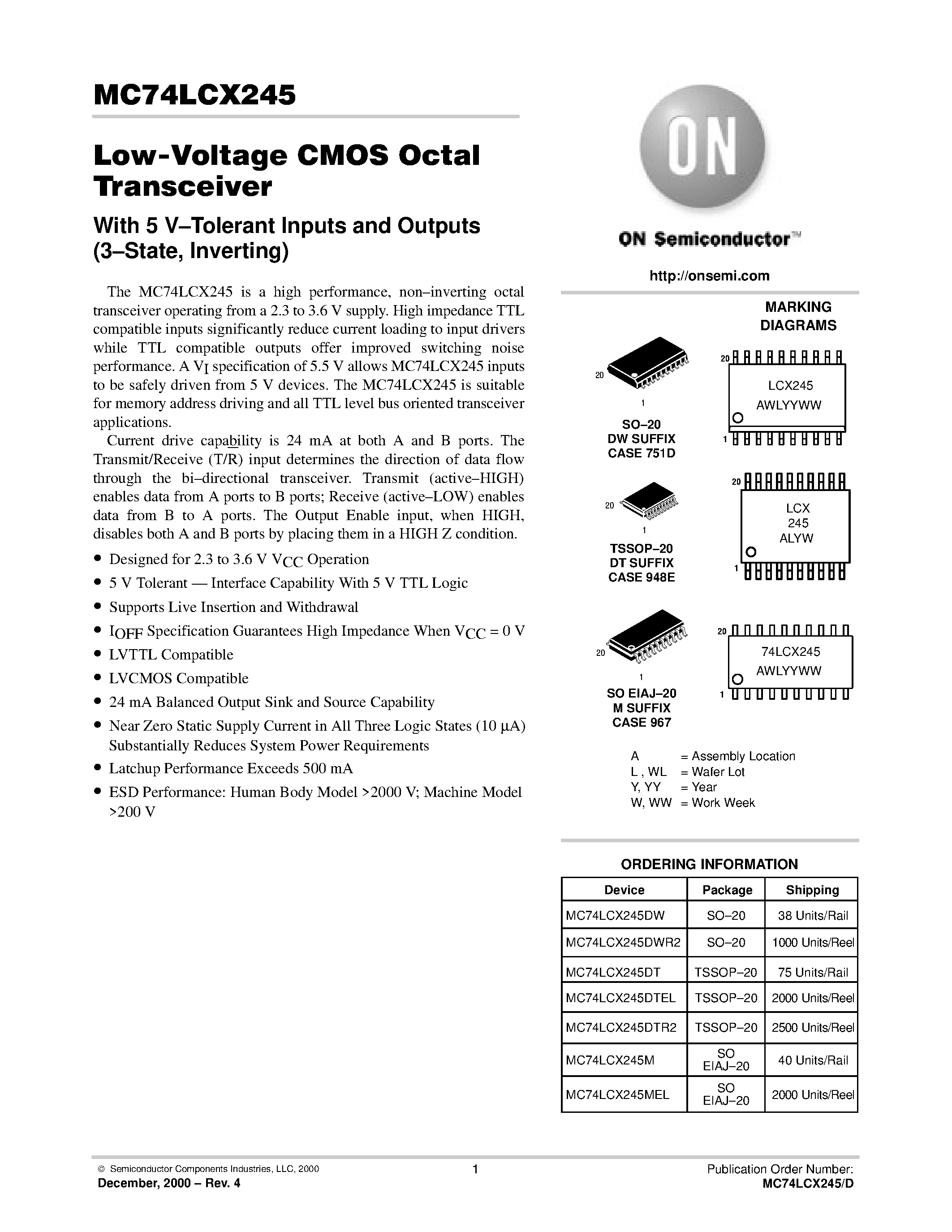 Даташит MC74LCX245 - Low-Voltage CMOS Octal Transistor страница 1