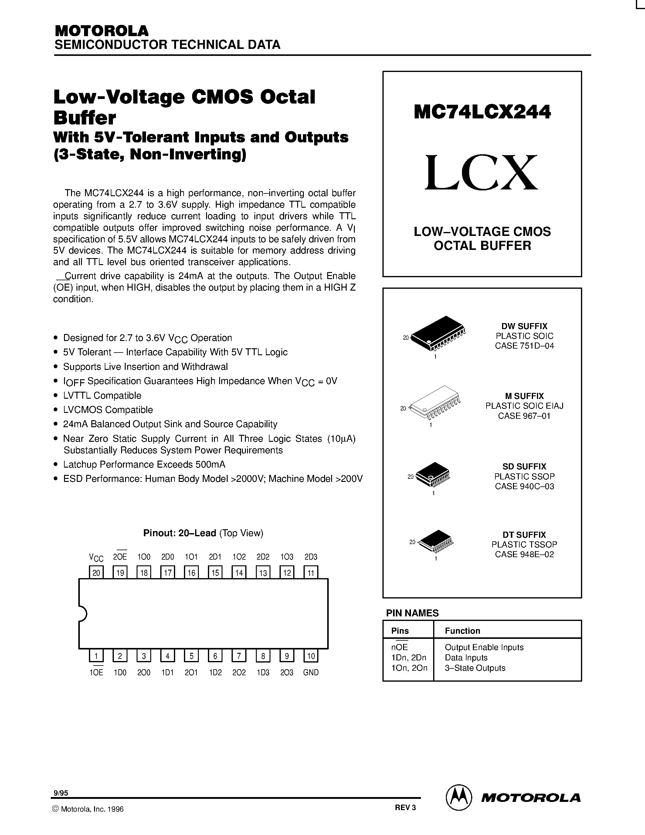 Даташит MC74LCX244 - Low-Voltage CMOS Octal Buffer страница 1