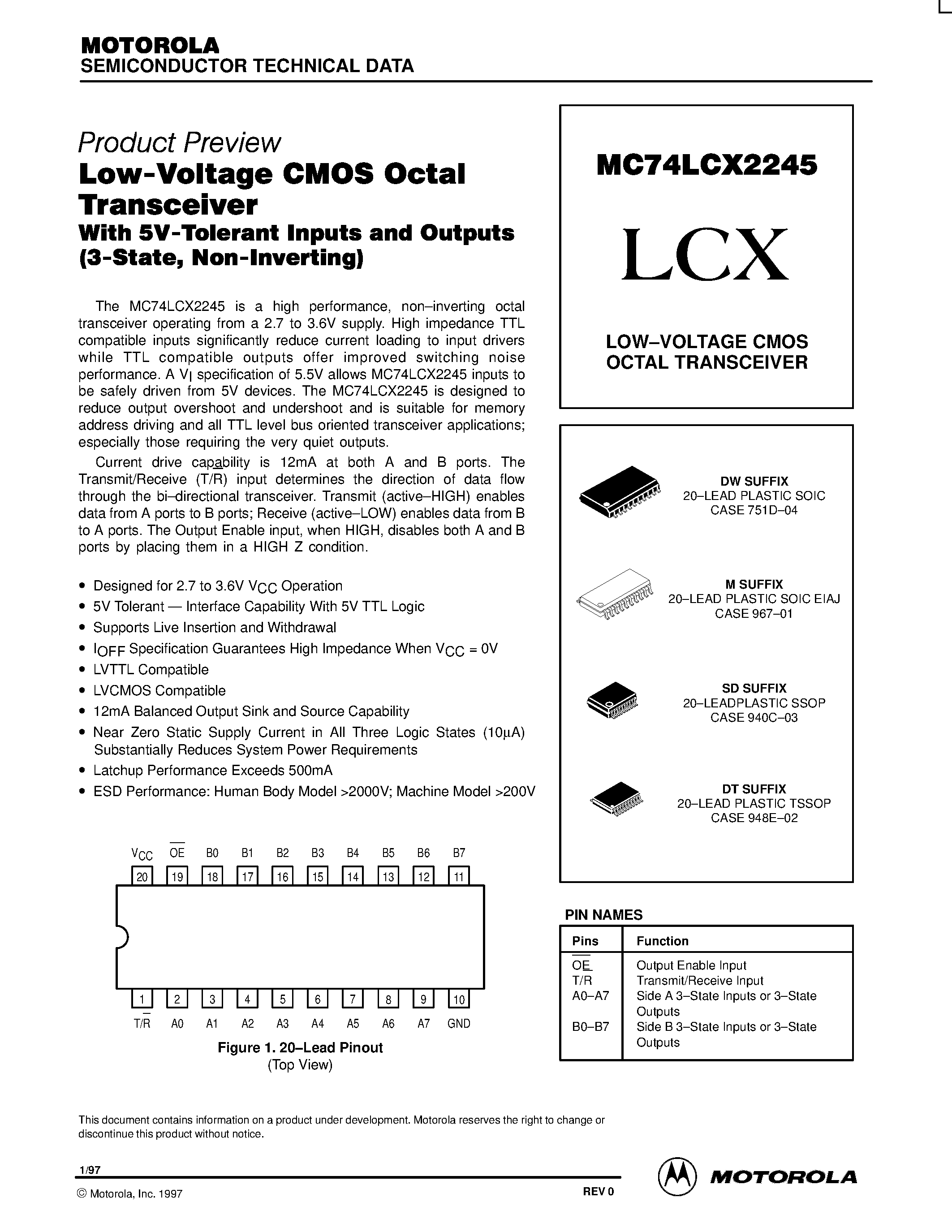 Даташит MC74LCX2245 - LOW-VOLTAGE CMOS OCTAL TRANSCEIVER страница 1