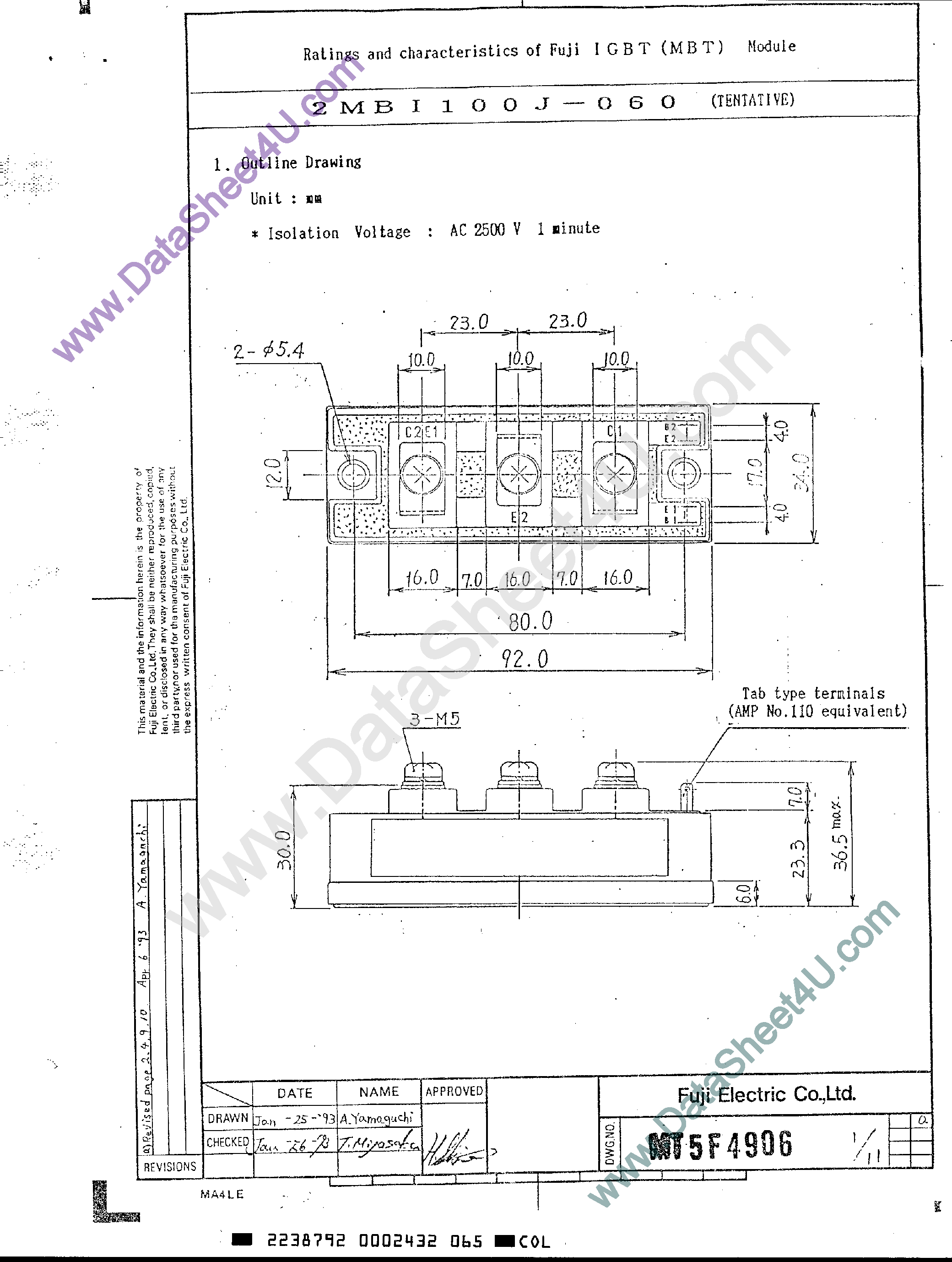 Datasheet 2MBI100J-060 page 1 Datasheet 2MBI100J-060 - TRANSISTOR IGBT POWER MODULE page 1